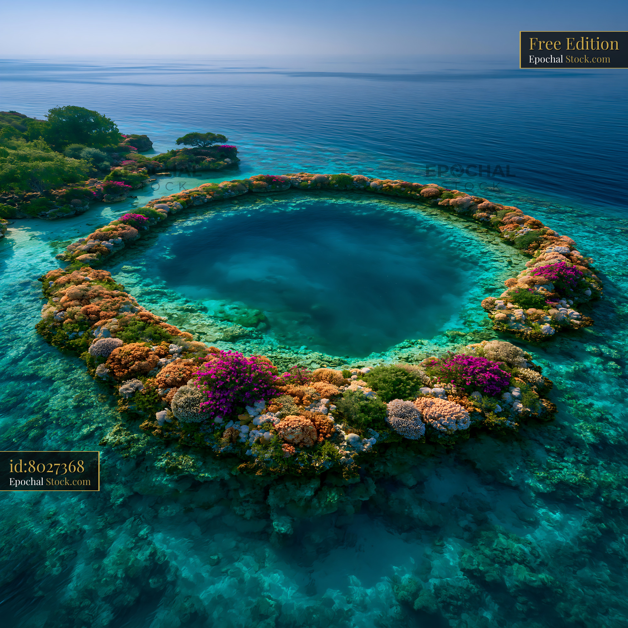 Aerial view of a circular atoll reef ring in clear tropical water - stock photo