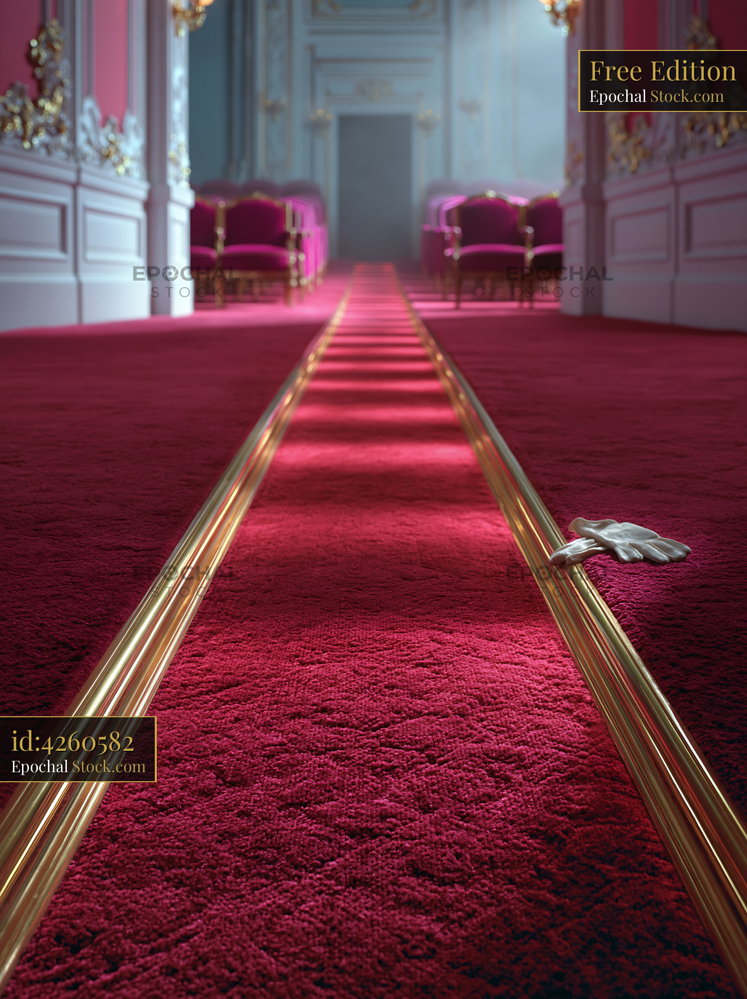 White gloves on an empty theater aisle red carpet in a grand hall - stock photo