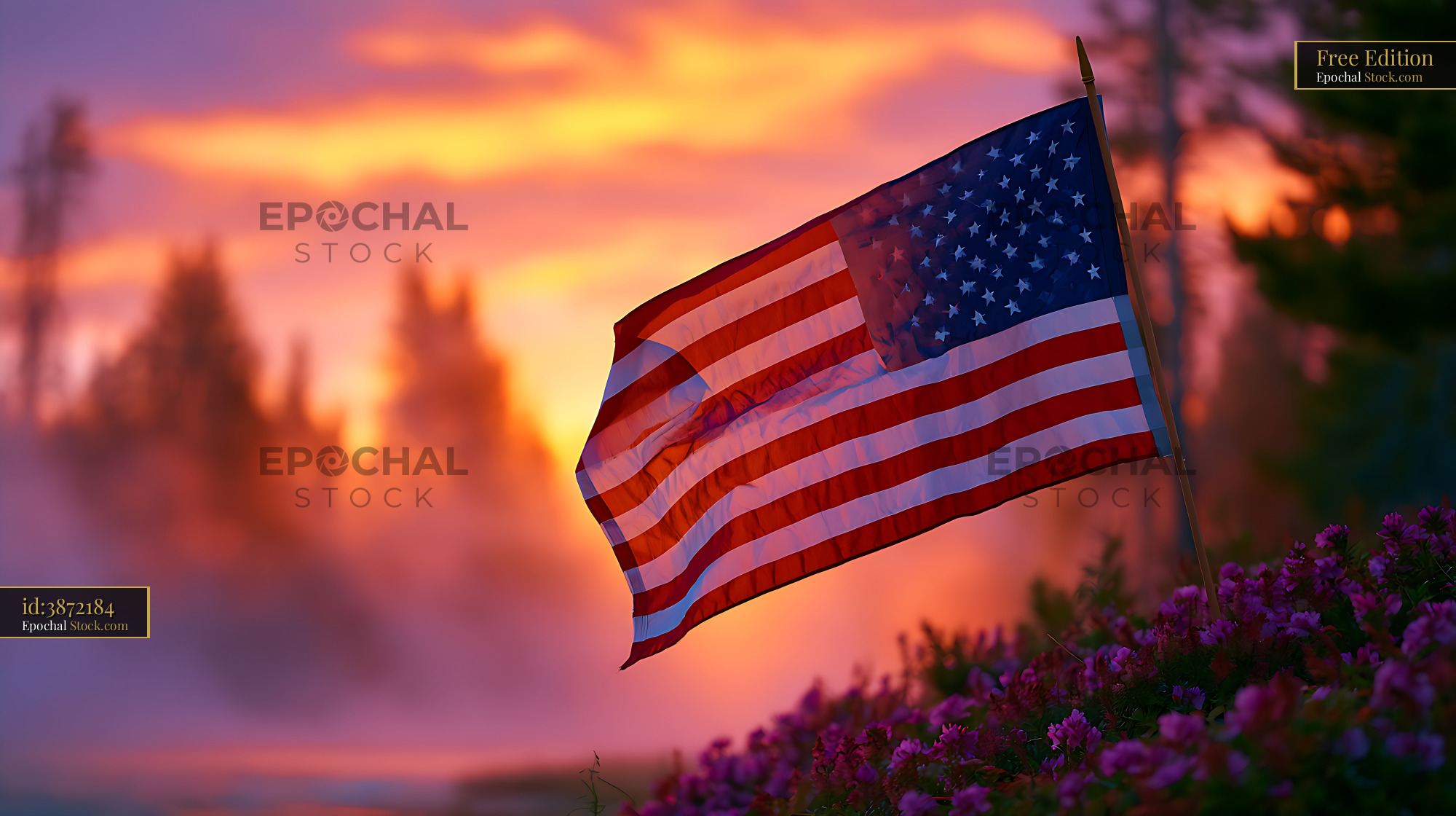 American flag waving near Old Faithful geyser during a vibrant sunset - stock photo
