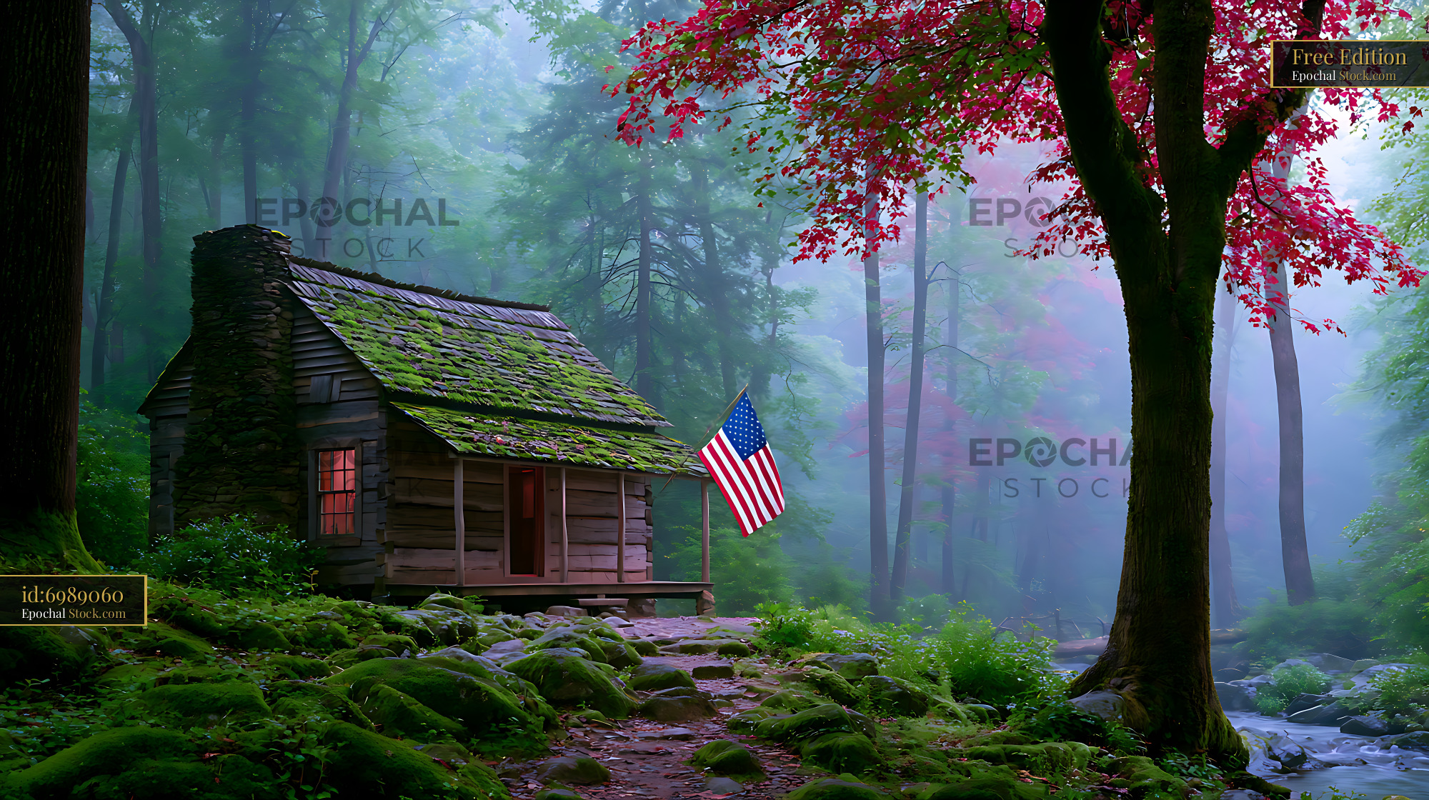 Rustic log cabin with American flag in the misty Smoky Mountains - stock photo