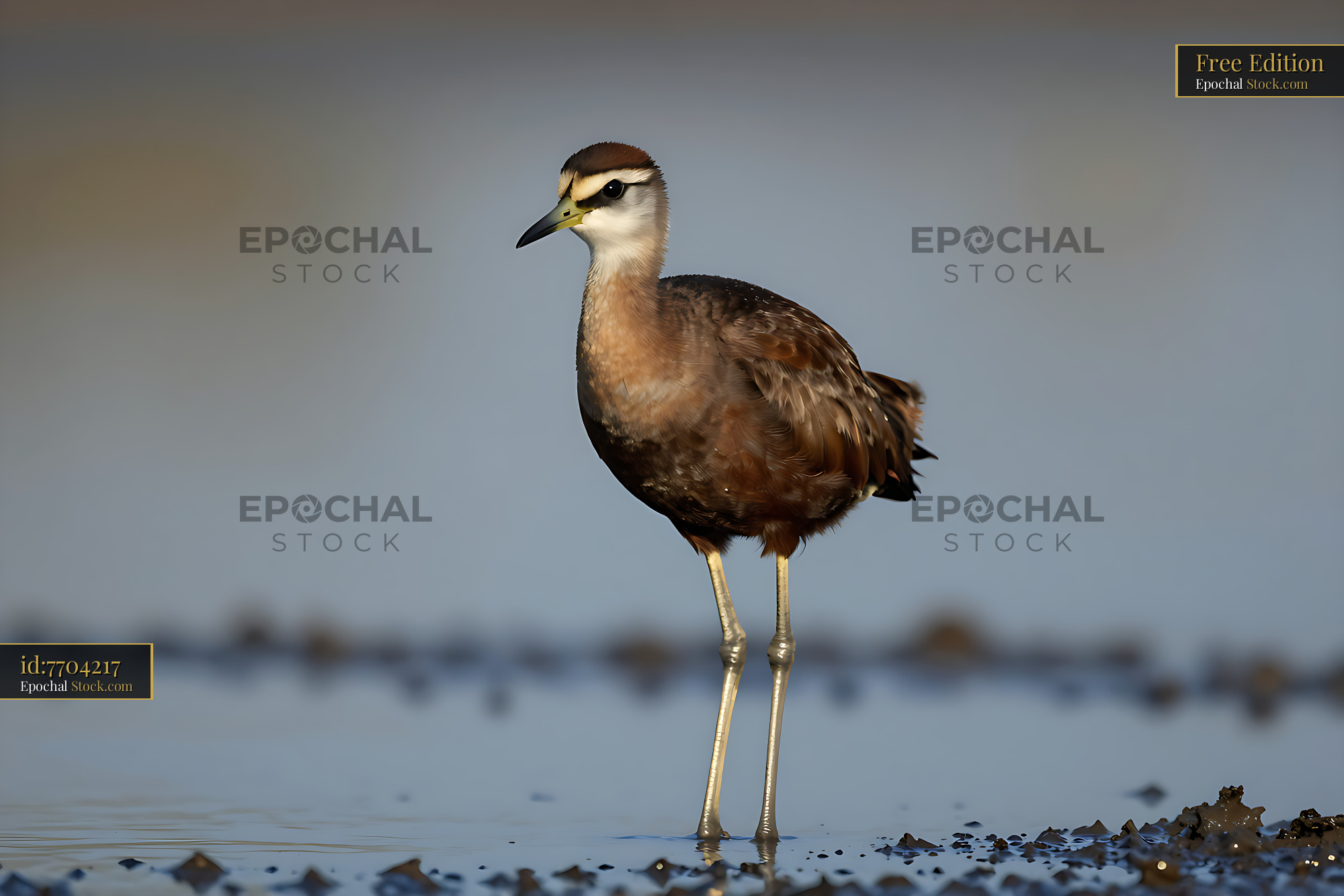 African Jacana standing in shallow water at the edge of a wetland - stock photo