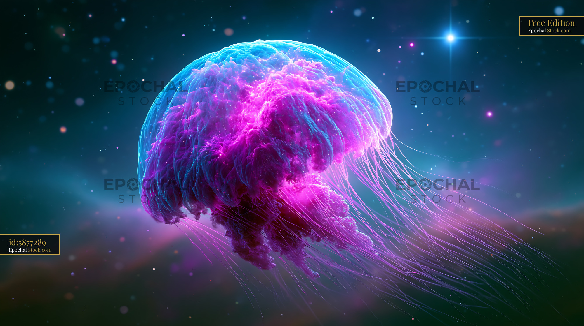 Vibrant Ou4 squid nebula glowing in deep space among stars - stock photo