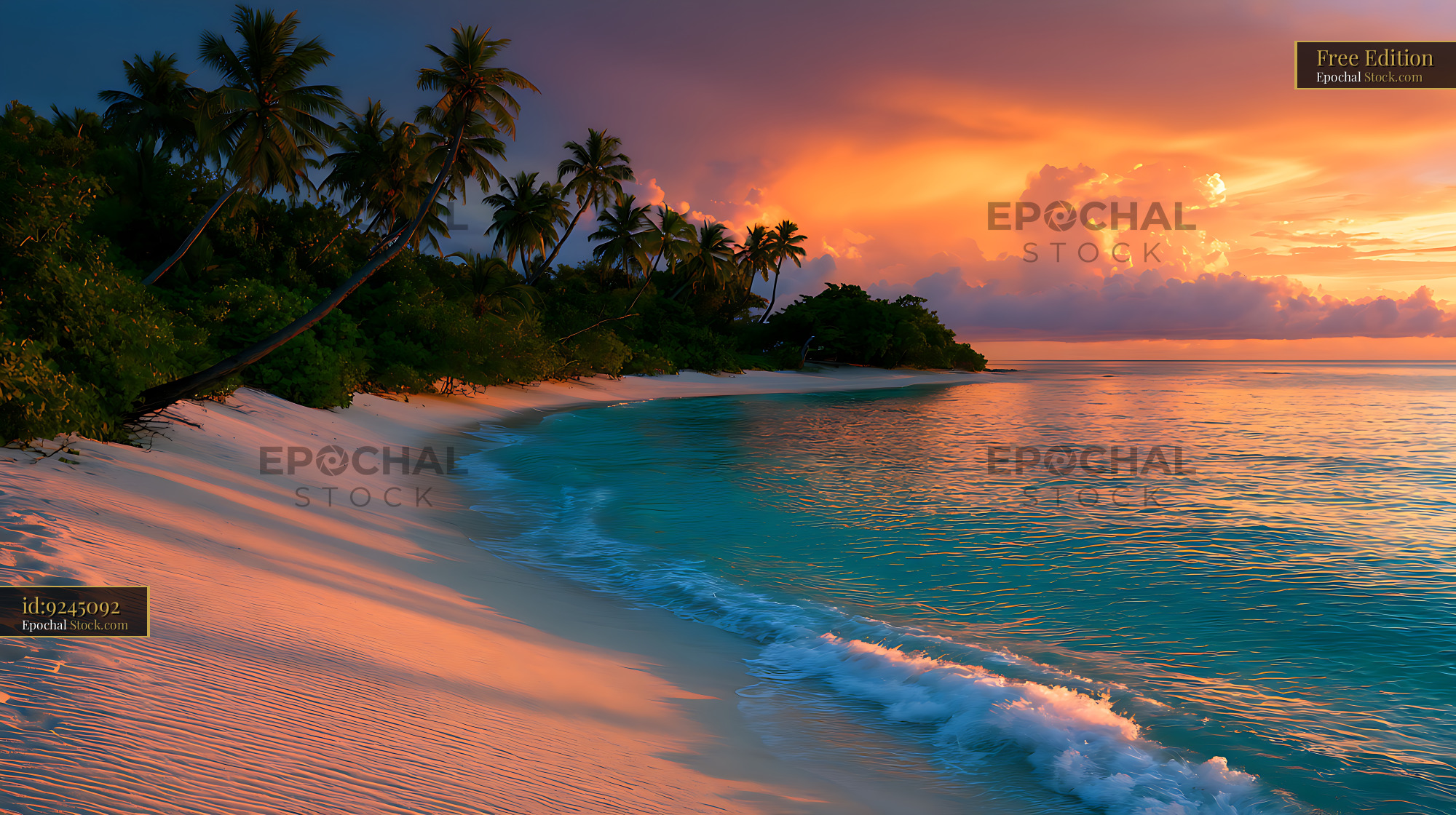 Tropical sunset over the perfect crescent beach of Maundays Bay - stock photo