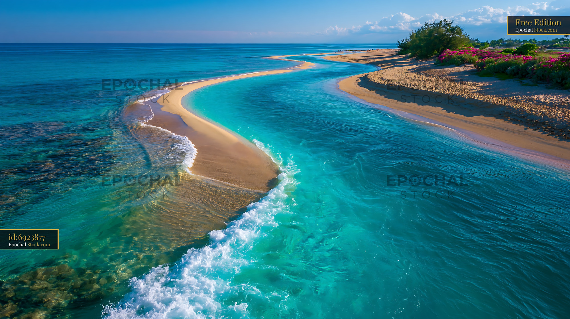 Aerial view of a winding sandbar and turquoise ocean water - stock photo