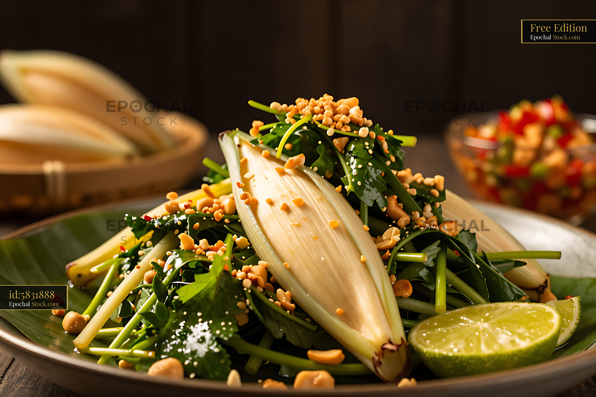 Vietnamese Goi Hoa Chuoi salad with banana blossom and fresh herbs - stock photo