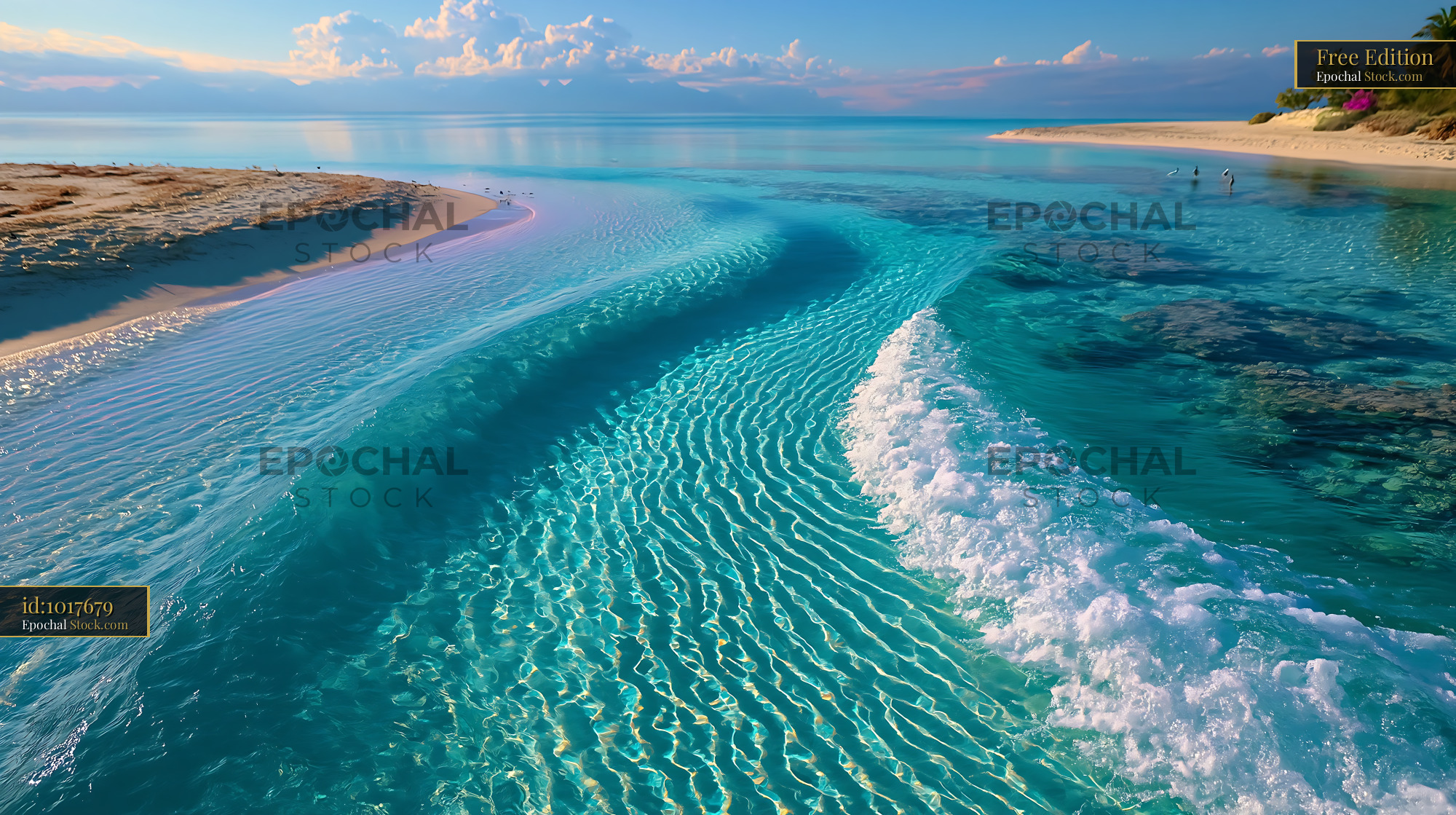 Crystal clear turquoise water and white sand at a tropical sunrise - stock photo