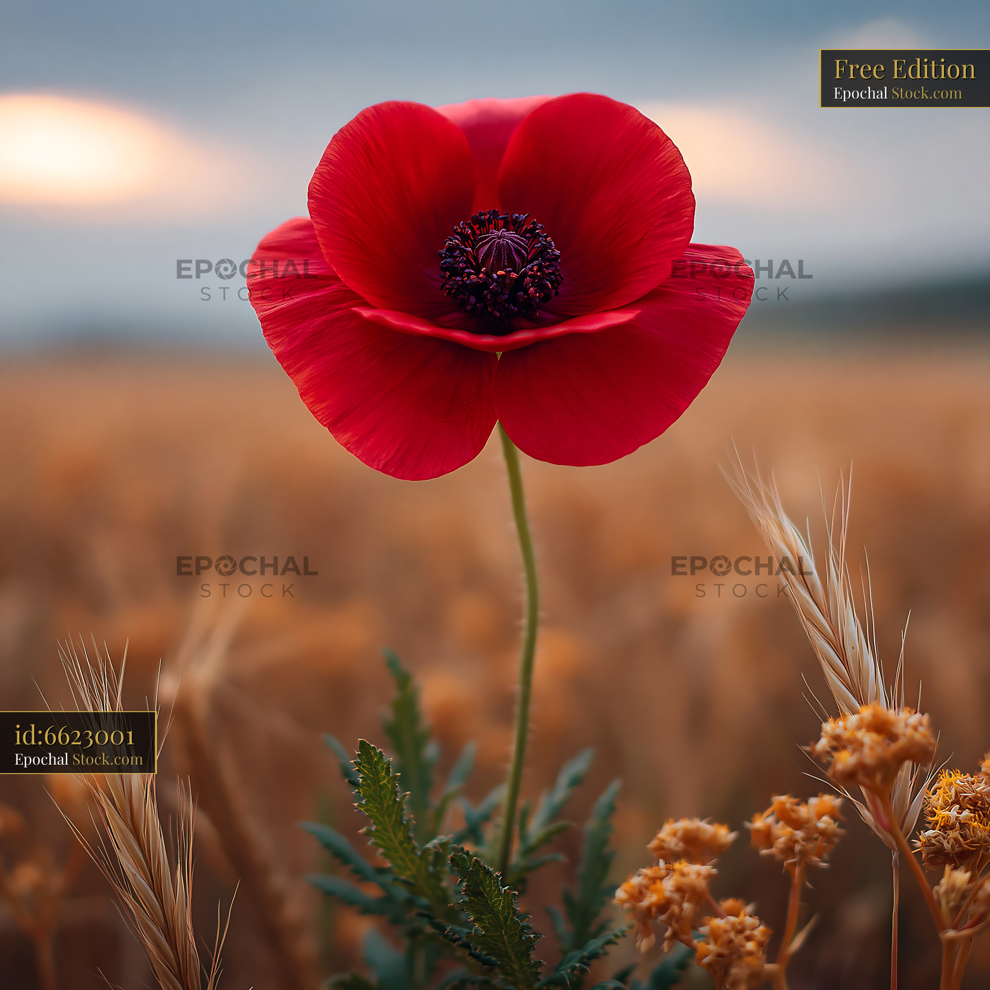 Single red poppy flower blooming in a golden wheat field at sunset - stock photo