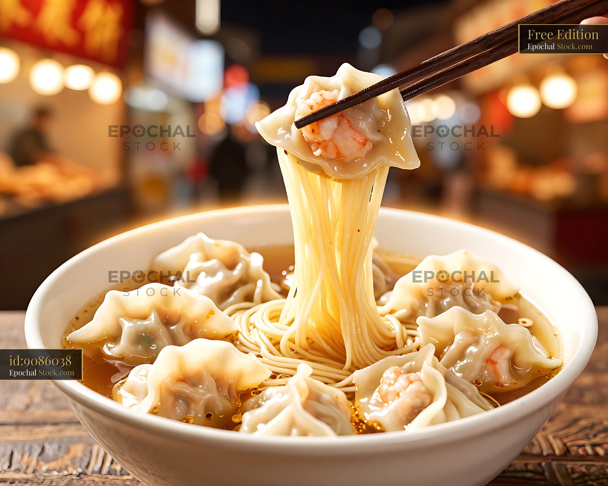 Zhu Sheng Yun Tun Mian wonton noodle soup served at a night market - stock photo