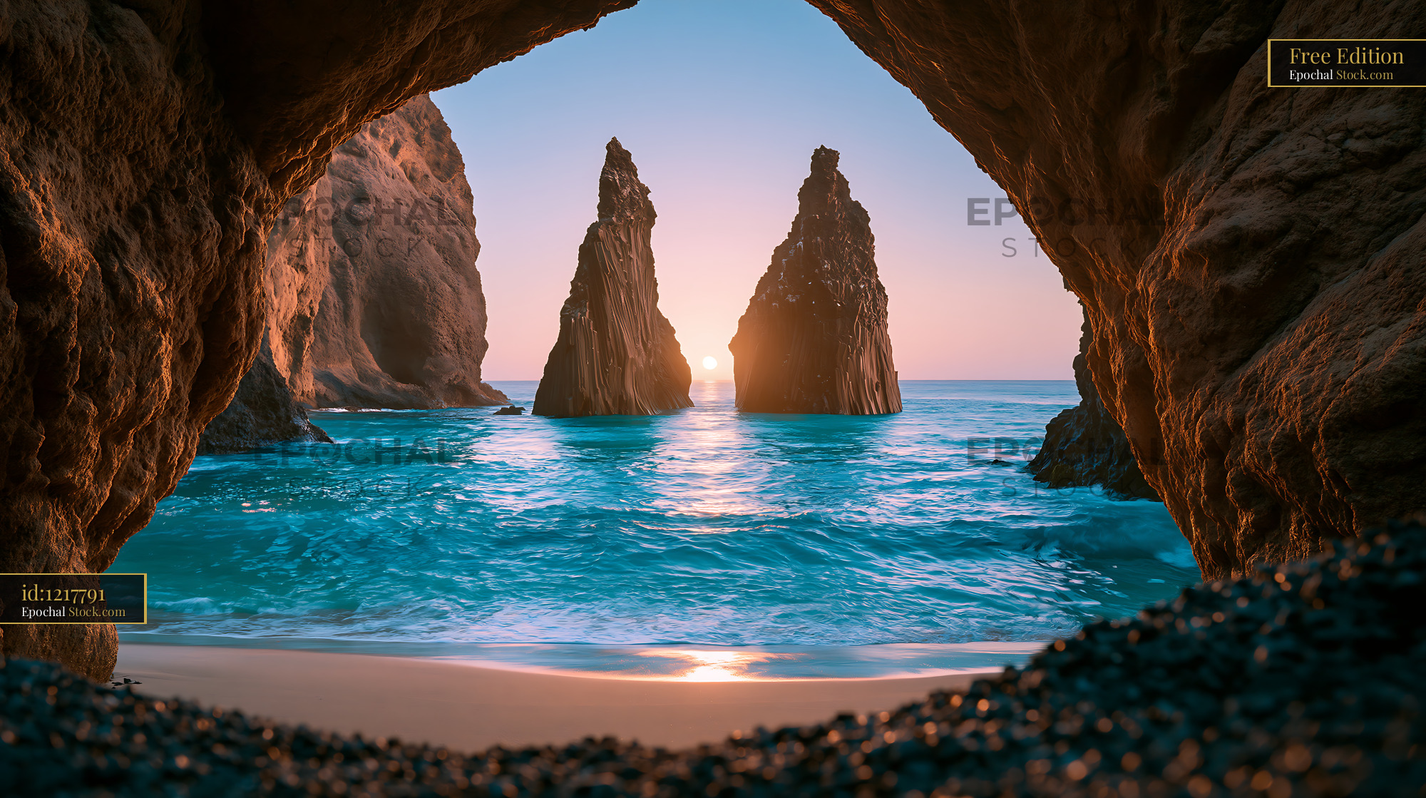 Sea cave view of volcanic rock stacks on a black lava sand shore - stock photo