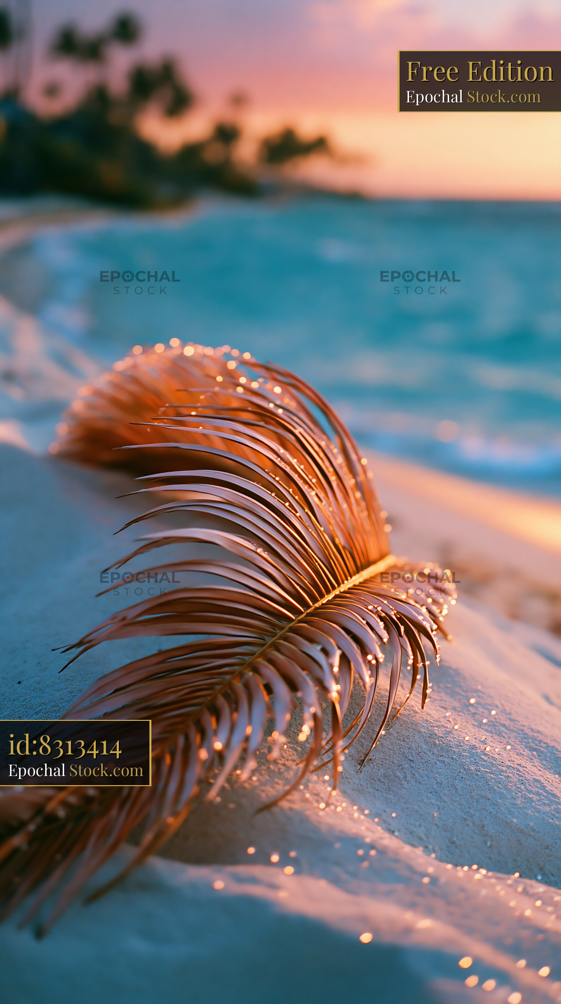 Golden palm frond on a white sand beach at sunset - stock photo