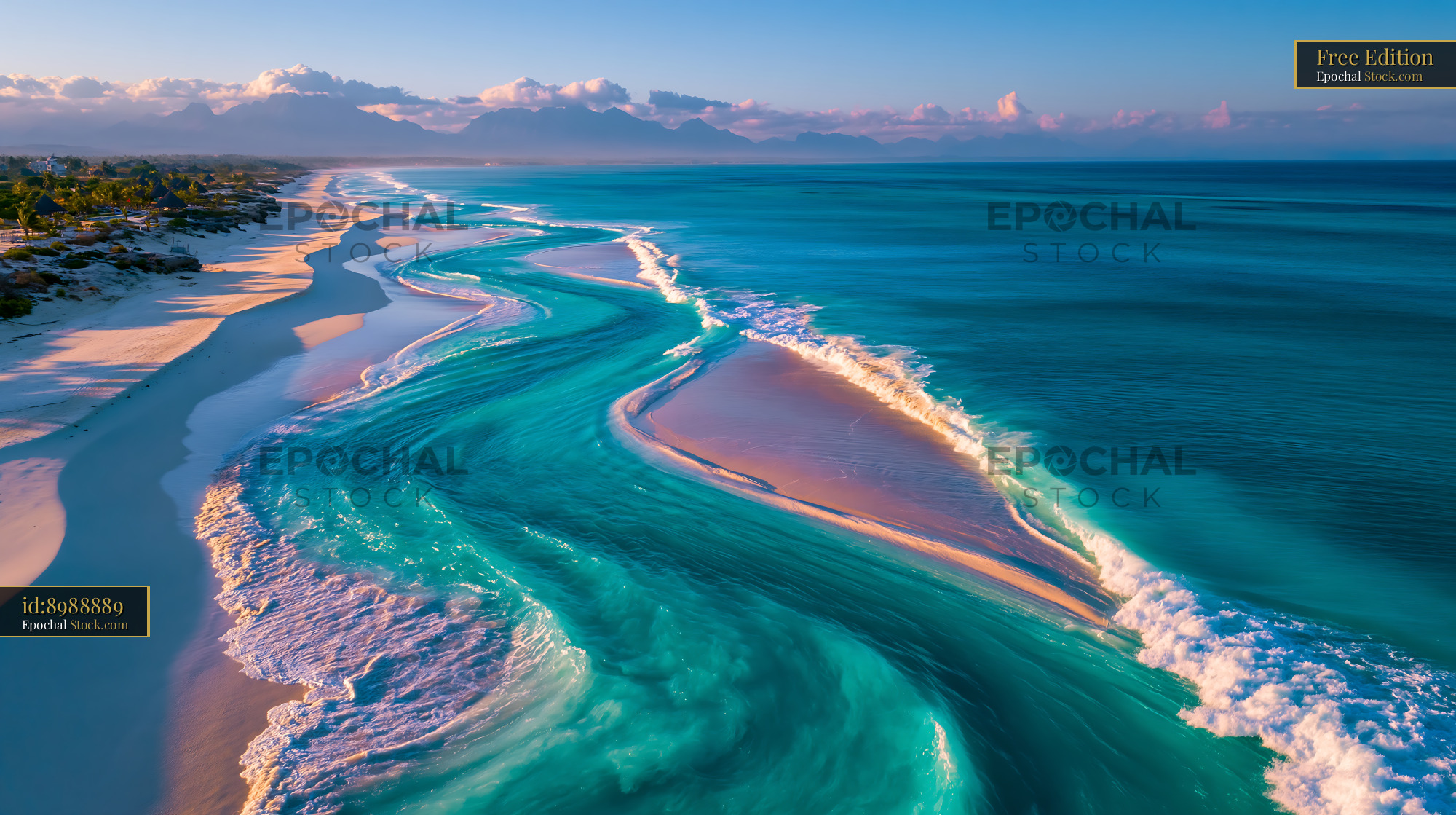 Aerial view of turquoise ocean waves and white sand beach in Zanzibar - stock photo