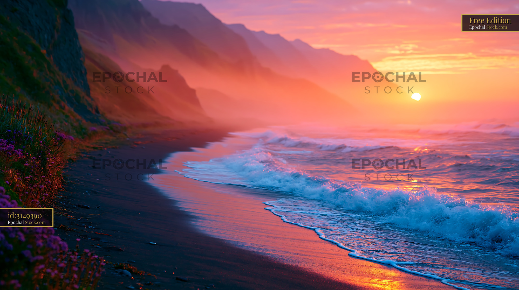 Sunset over a black sand beach in Iceland with misty mountains - stock photo