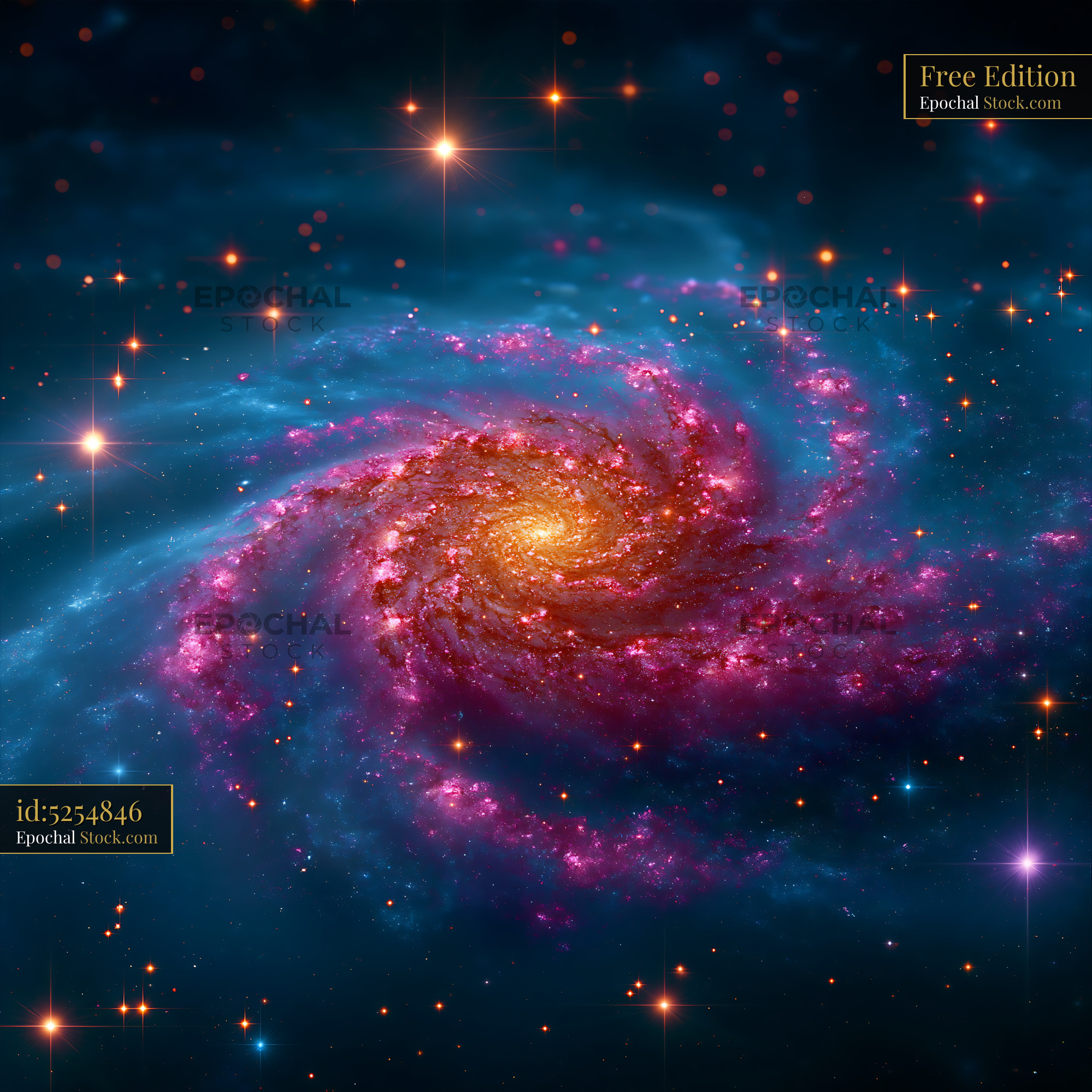 Vibrant spiral galaxy NGC 6946 known as the fireworks galaxy in space - stock photo