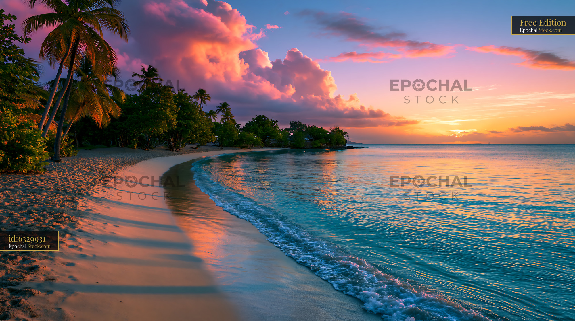 Tropical beach with palm trees under a vibrant pink sunset sky - stock photo