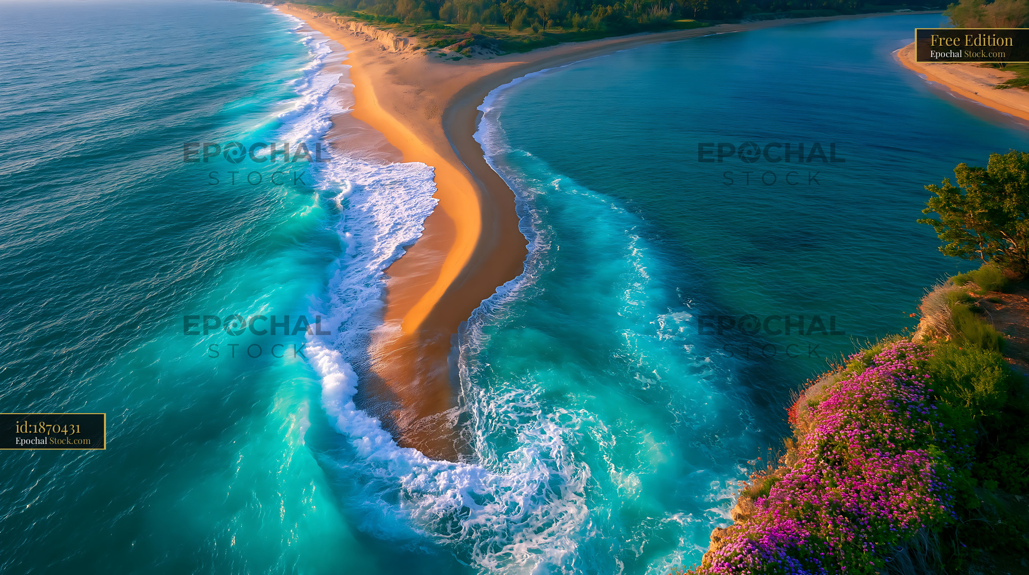 Aerial view of a golden sand spit between turquoise ocean waves - stock photo