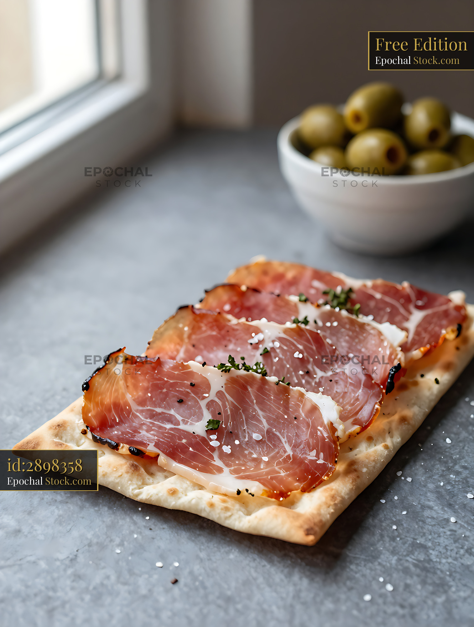 Croatian Dalmatinski Prut on traditional pogaa flatbread - stock photo