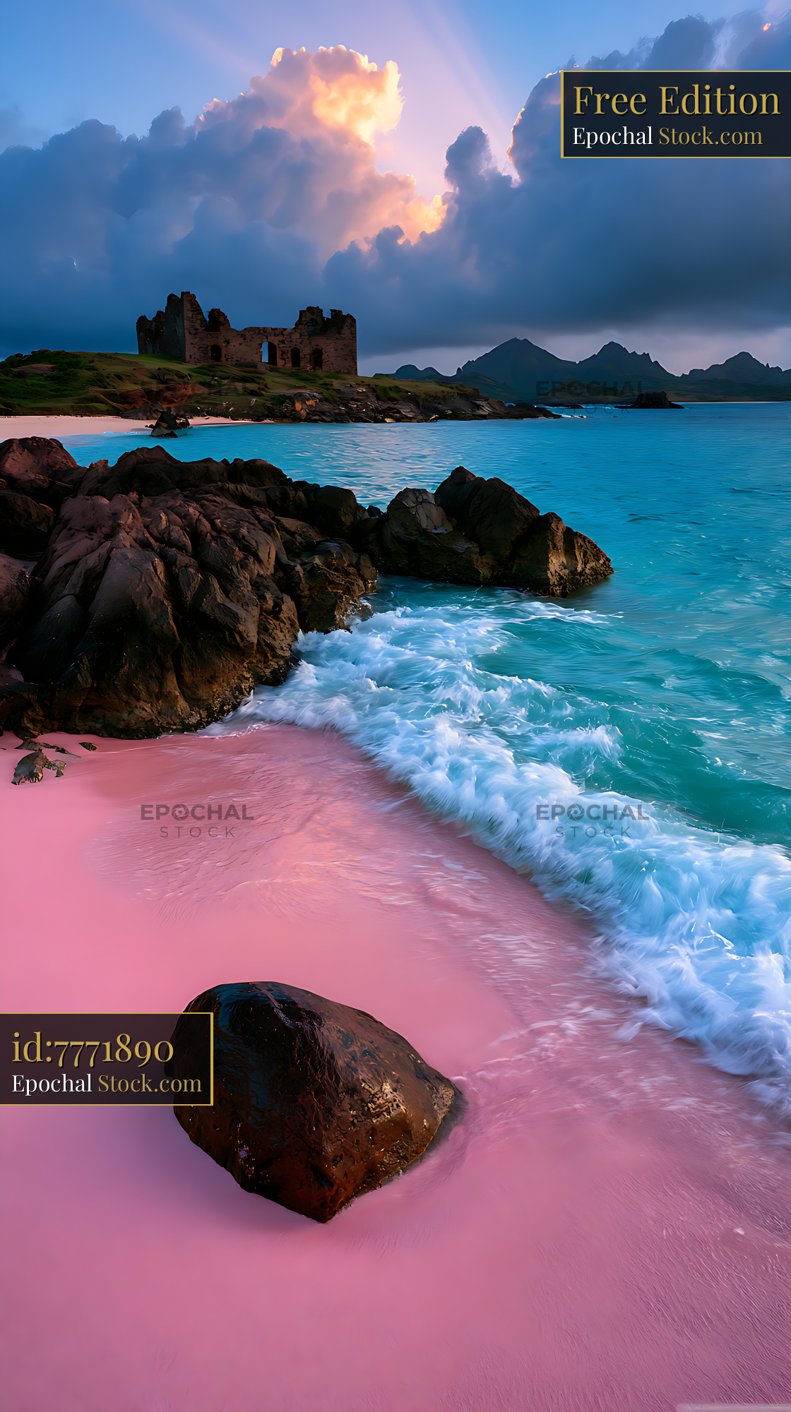 Historic stone ruins overlooking a vibrant pink sand beach at sunset - stock photo