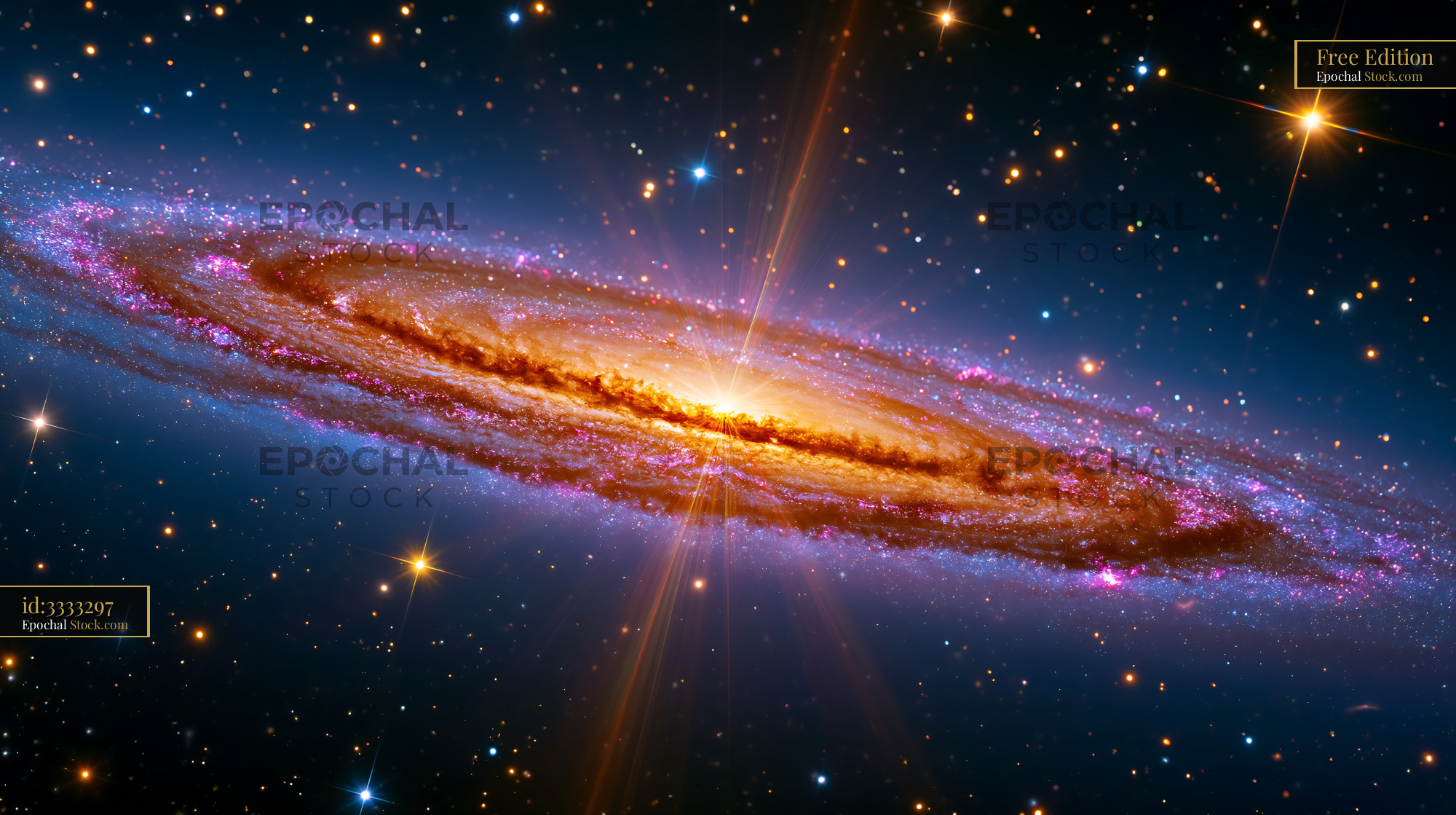 Edge-on view of spiral galaxy NGC 891 with glowing core and stars - stock photo
