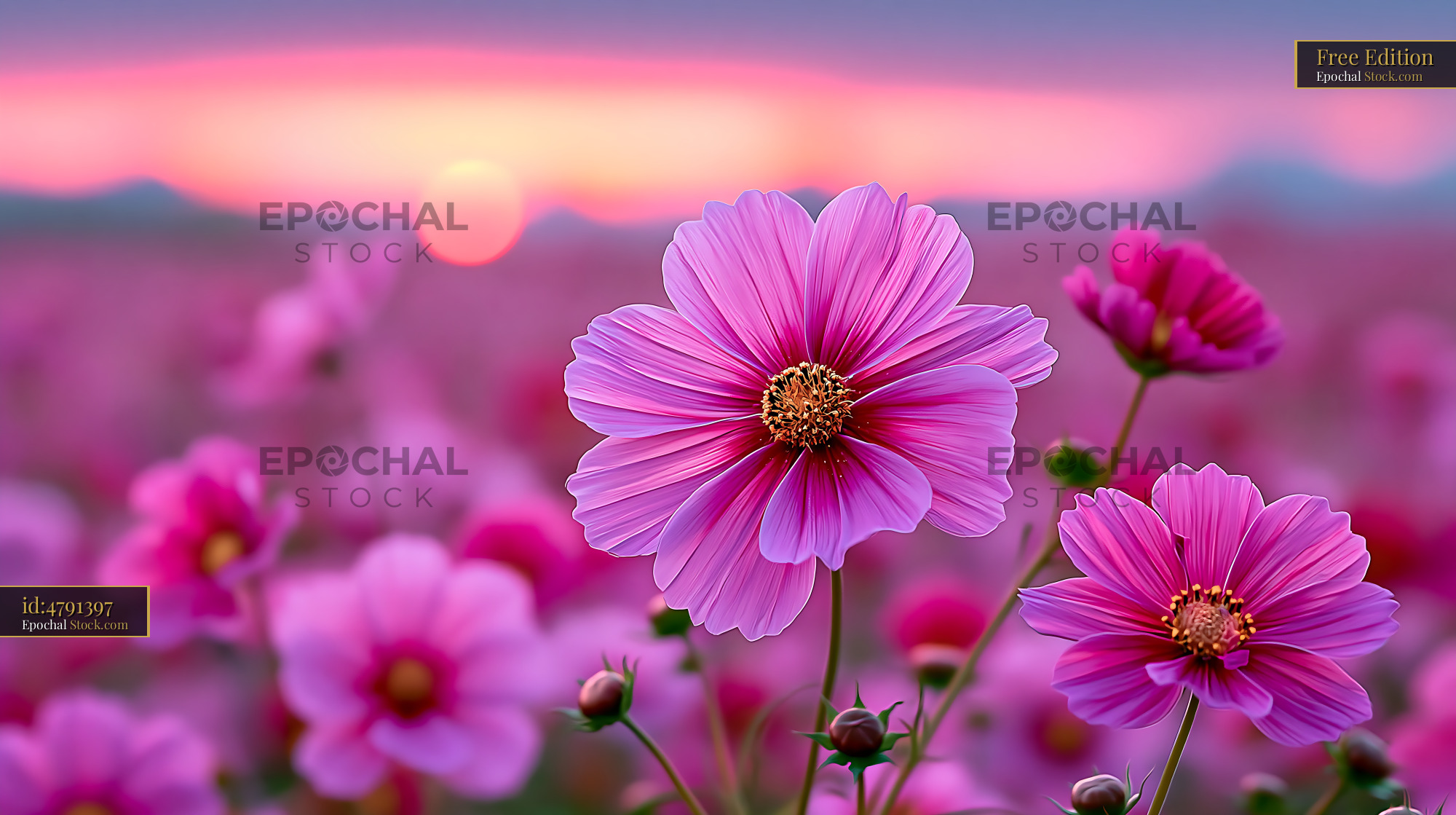 Pink cosmos flowers blooming on an Indonesian lily terrace at sunset - stock photo