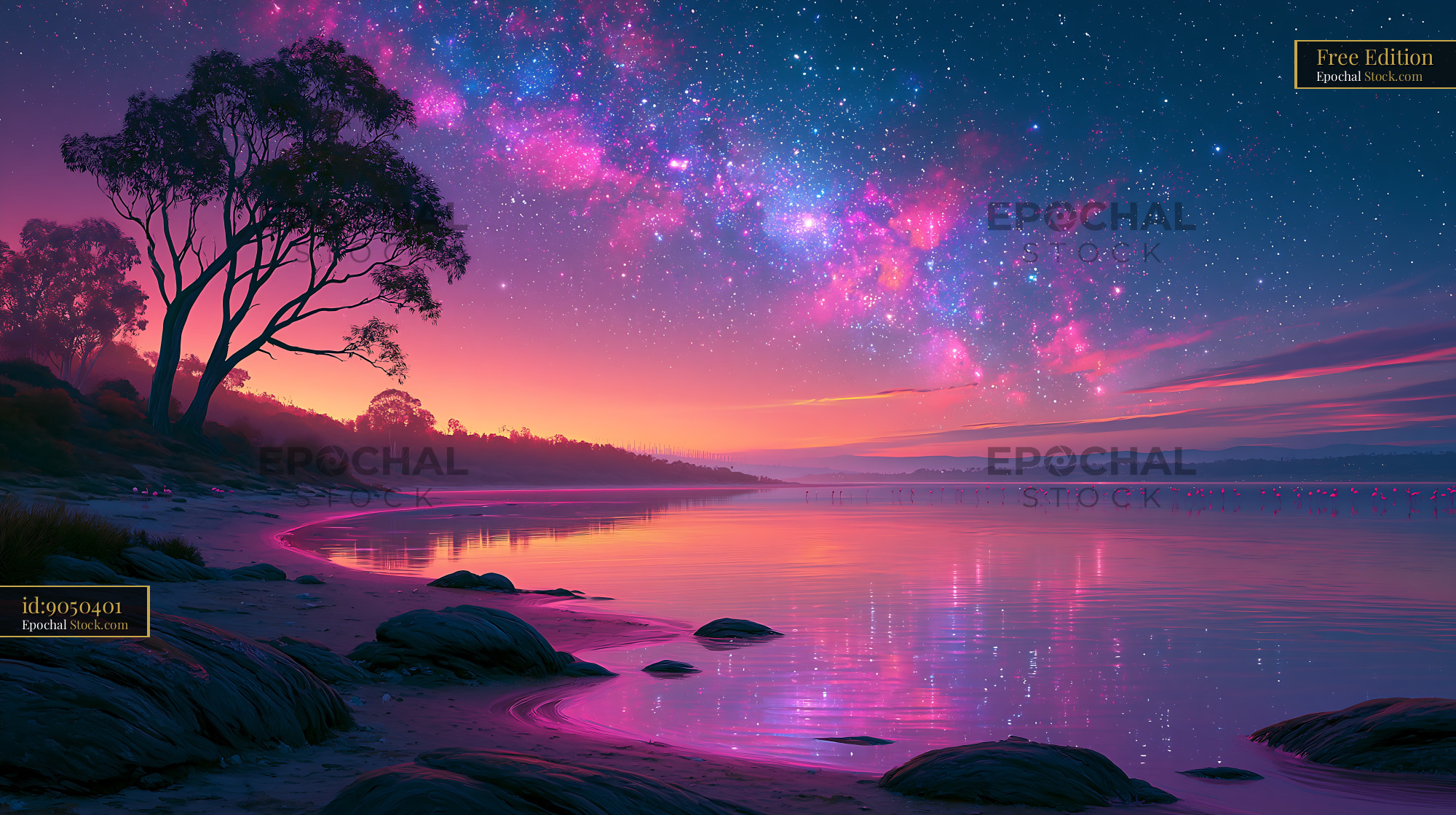 Vibrant aurora milky way over a tranquil beach at night - stock photo