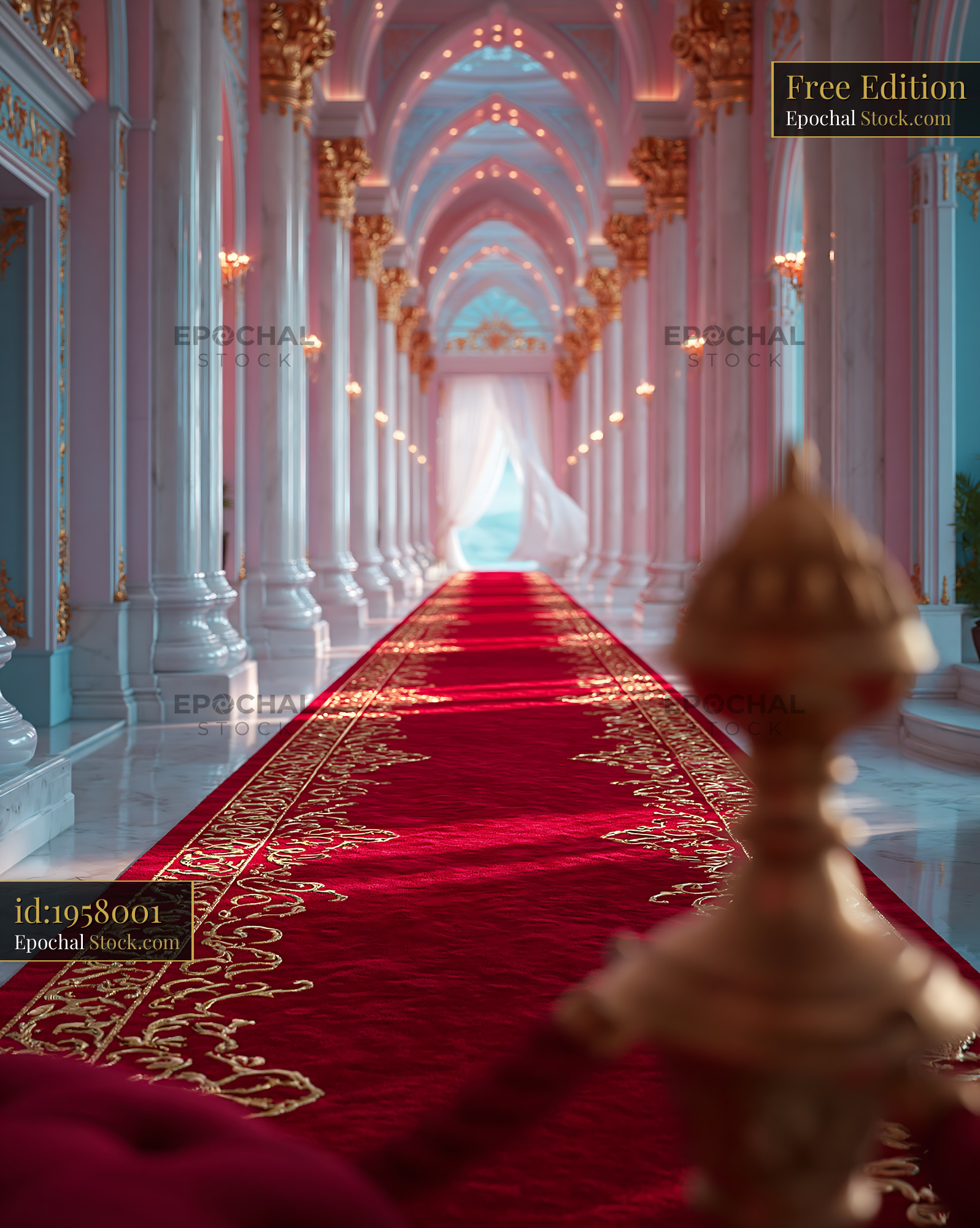 Luxury hotel lobby red carpet with marble columns and gold details - stock photo