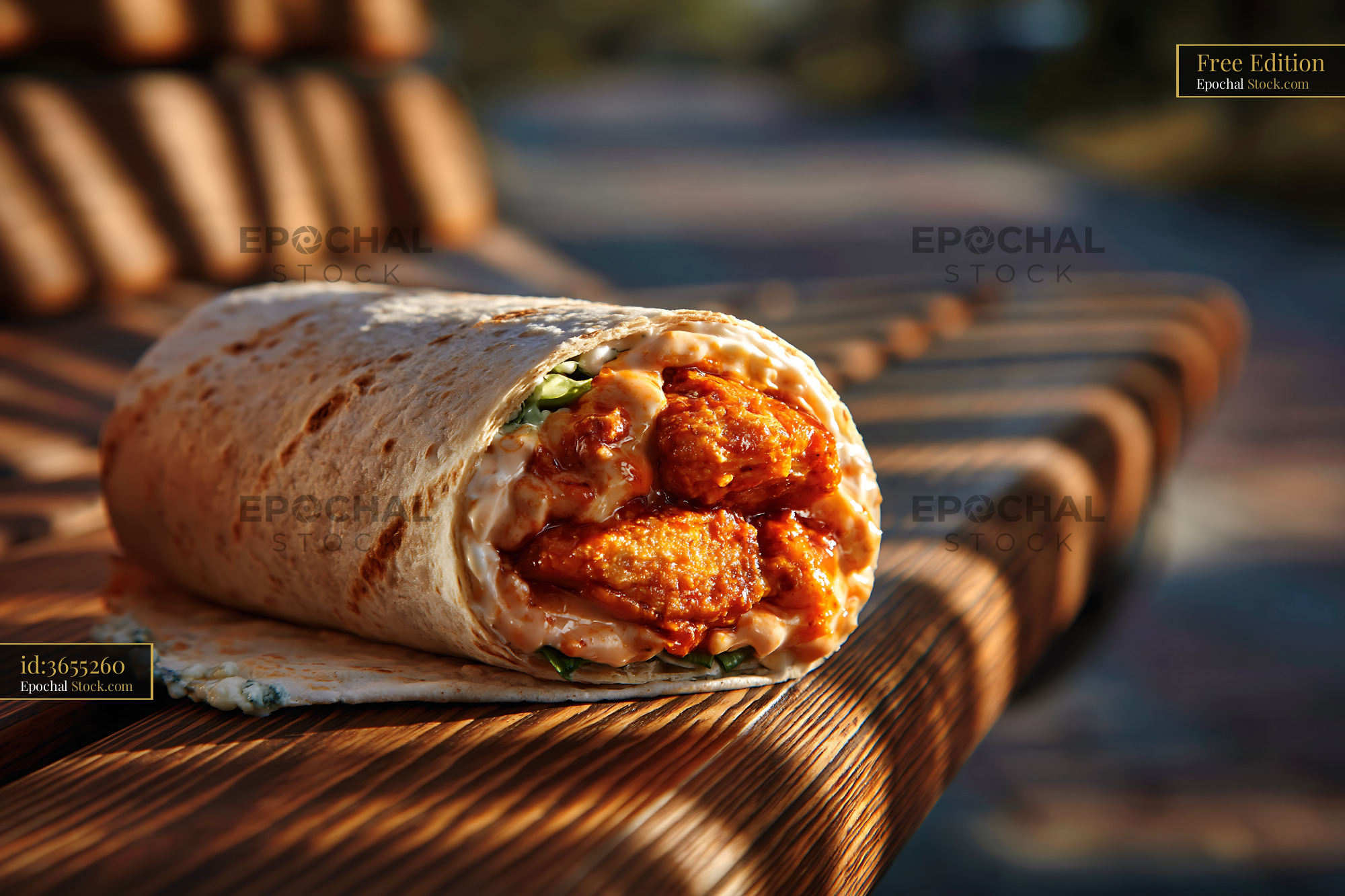 Spicy chicken wrap on a wooden park bench during golden hour - stock photo