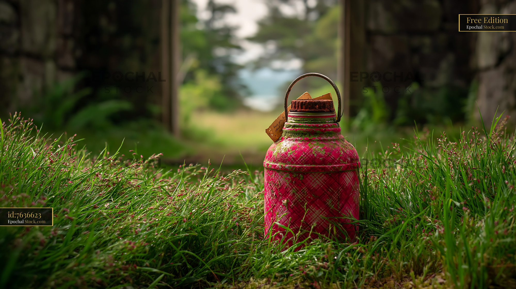 Vintage pink plaid thermos sitting in tall grass within stone ruins - stock photo