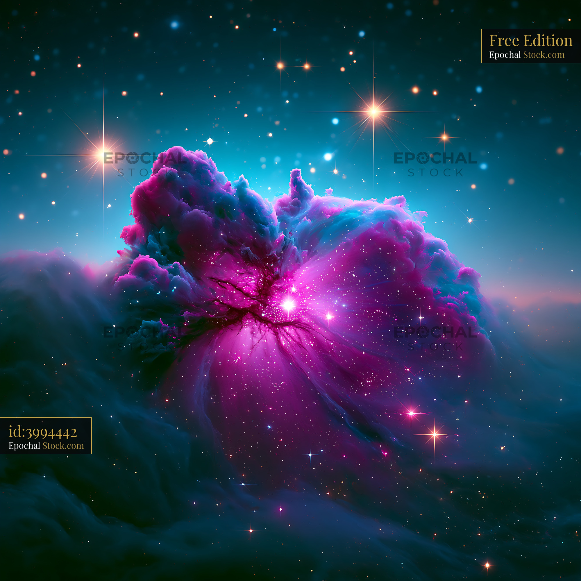 Vibrant M20 Trifid Nebula glowing in deep space with bright stars - stock photo