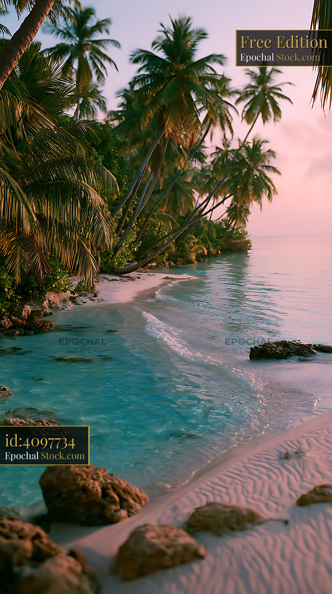 Lush palm trees over turquoise water on a tropical souvenir beach - stock photo