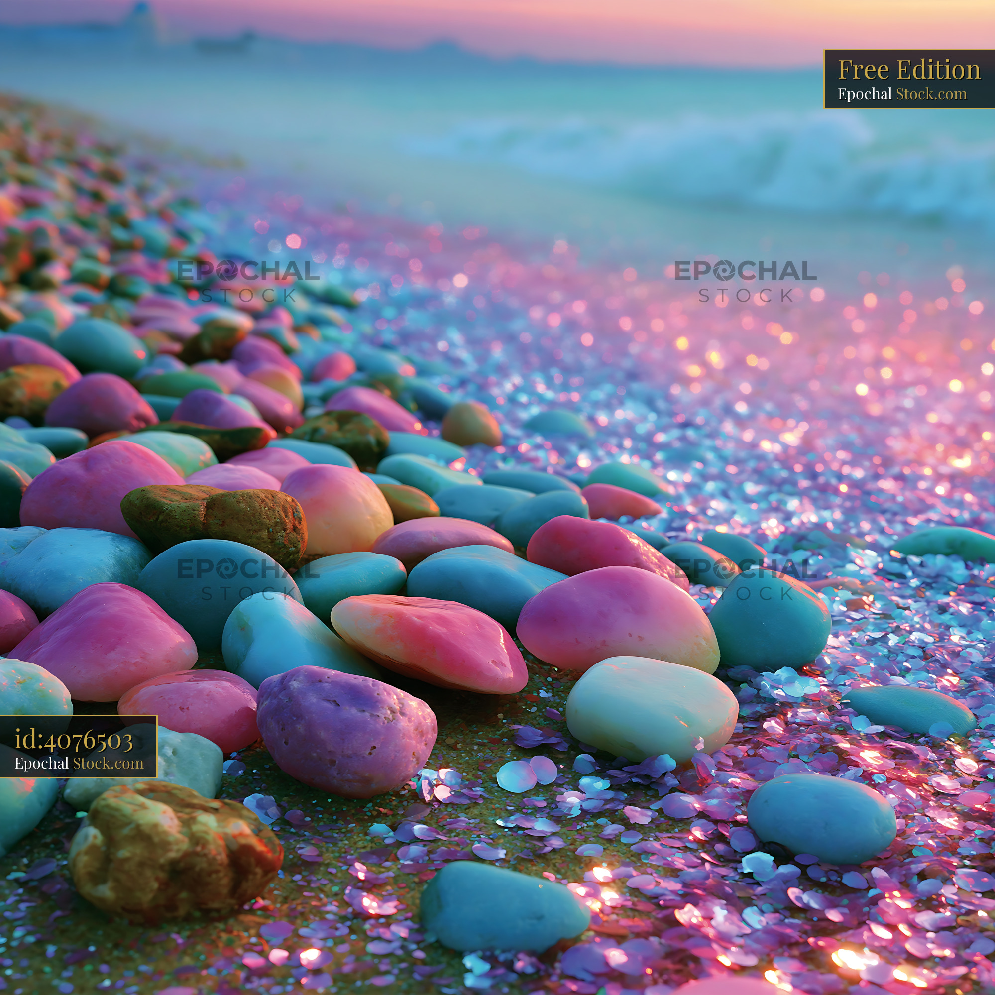 Colorful rainbow pebble beach with smooth stones at sunset - stock photo