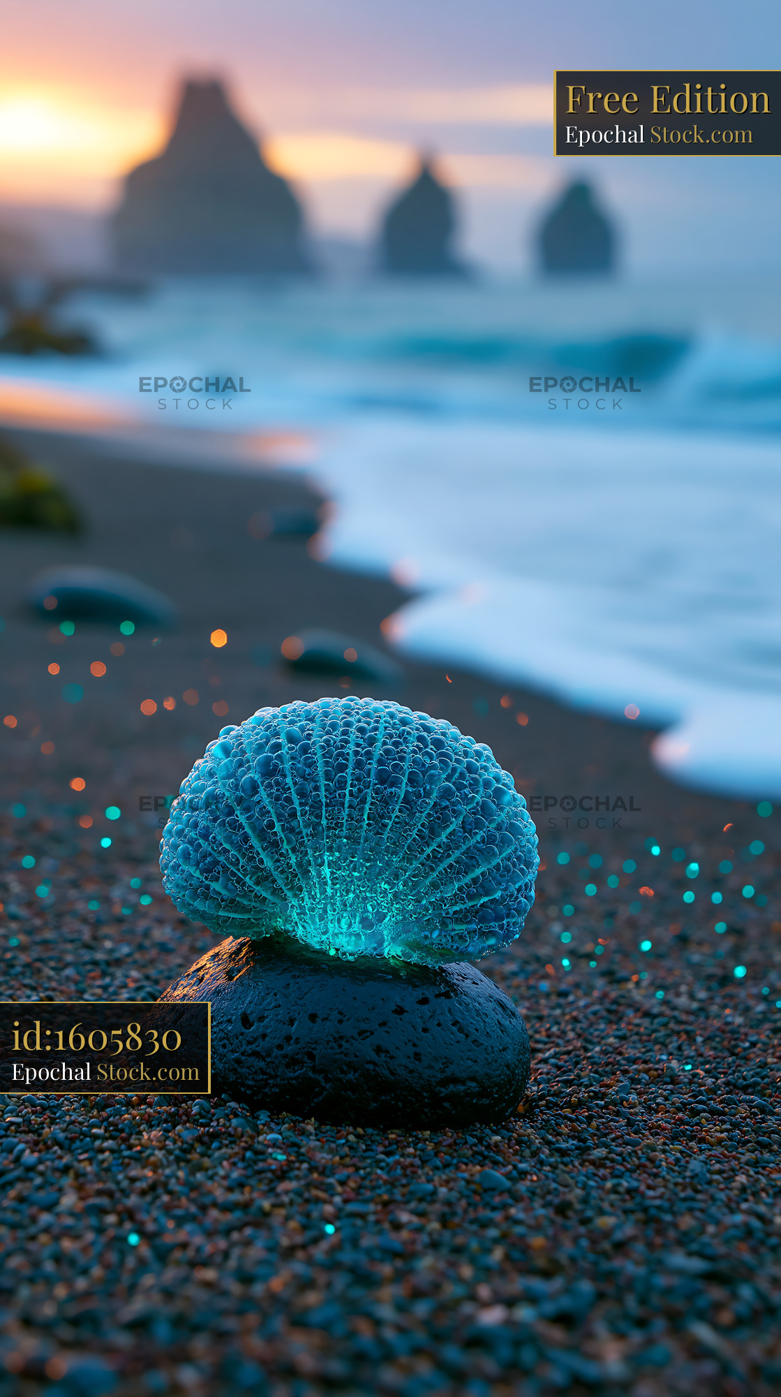 Bioluminescent shell on volcanic rock at Mosteiros beach at sunset - stock photo