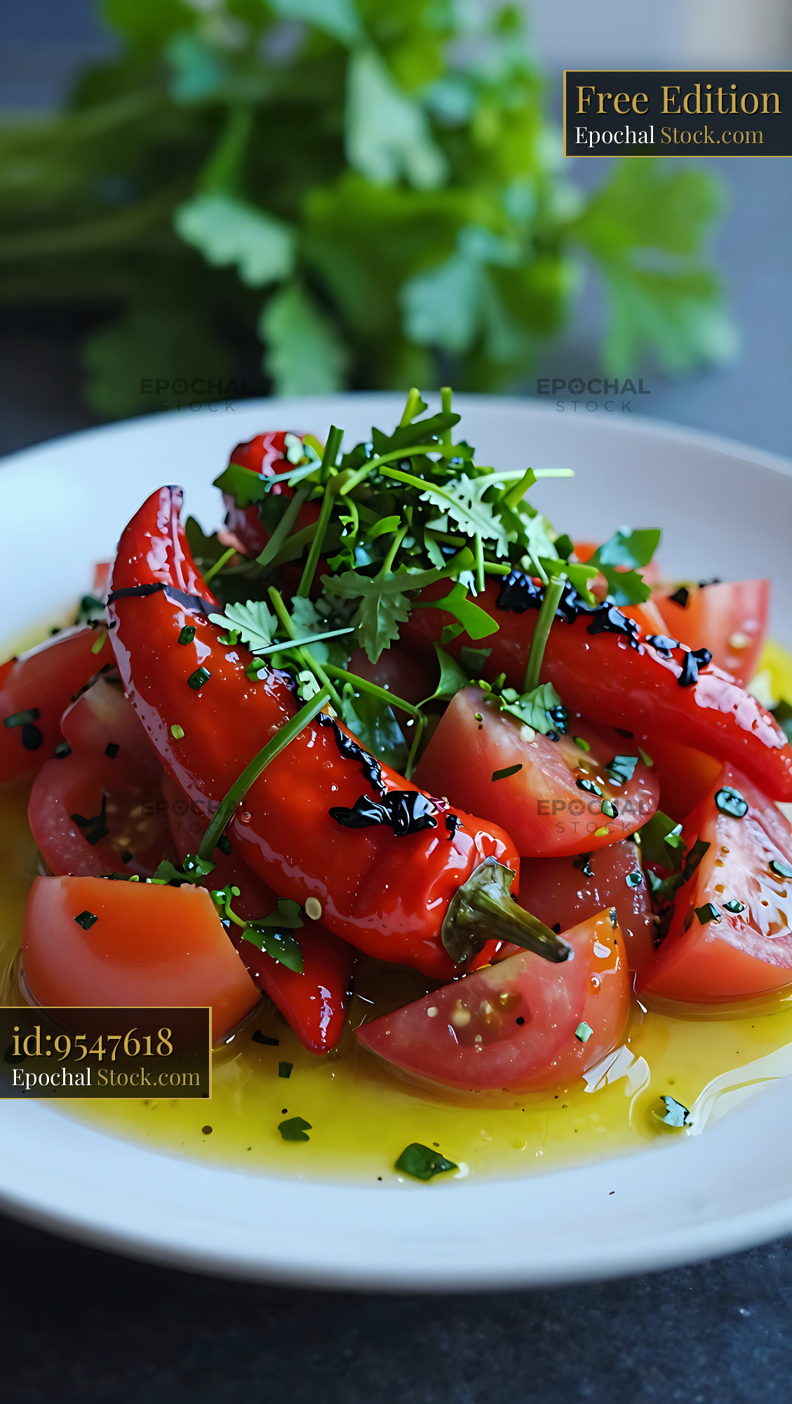 Algerian Hmiss pepper salad with roasted red peppers and fresh herbs - stock photo