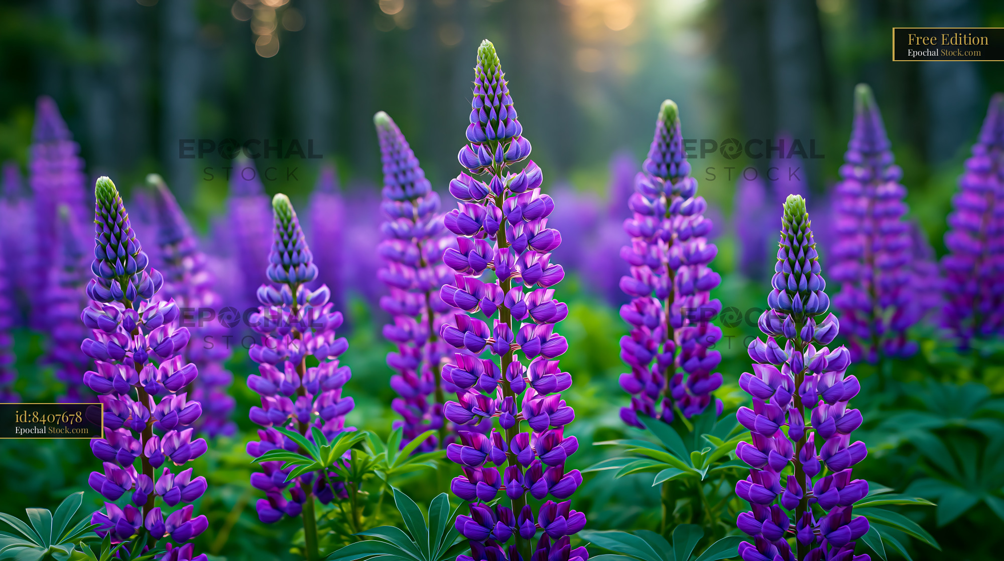 Vibrant purple lupines in a meadow on the Newfoundland flower coast - stock photo