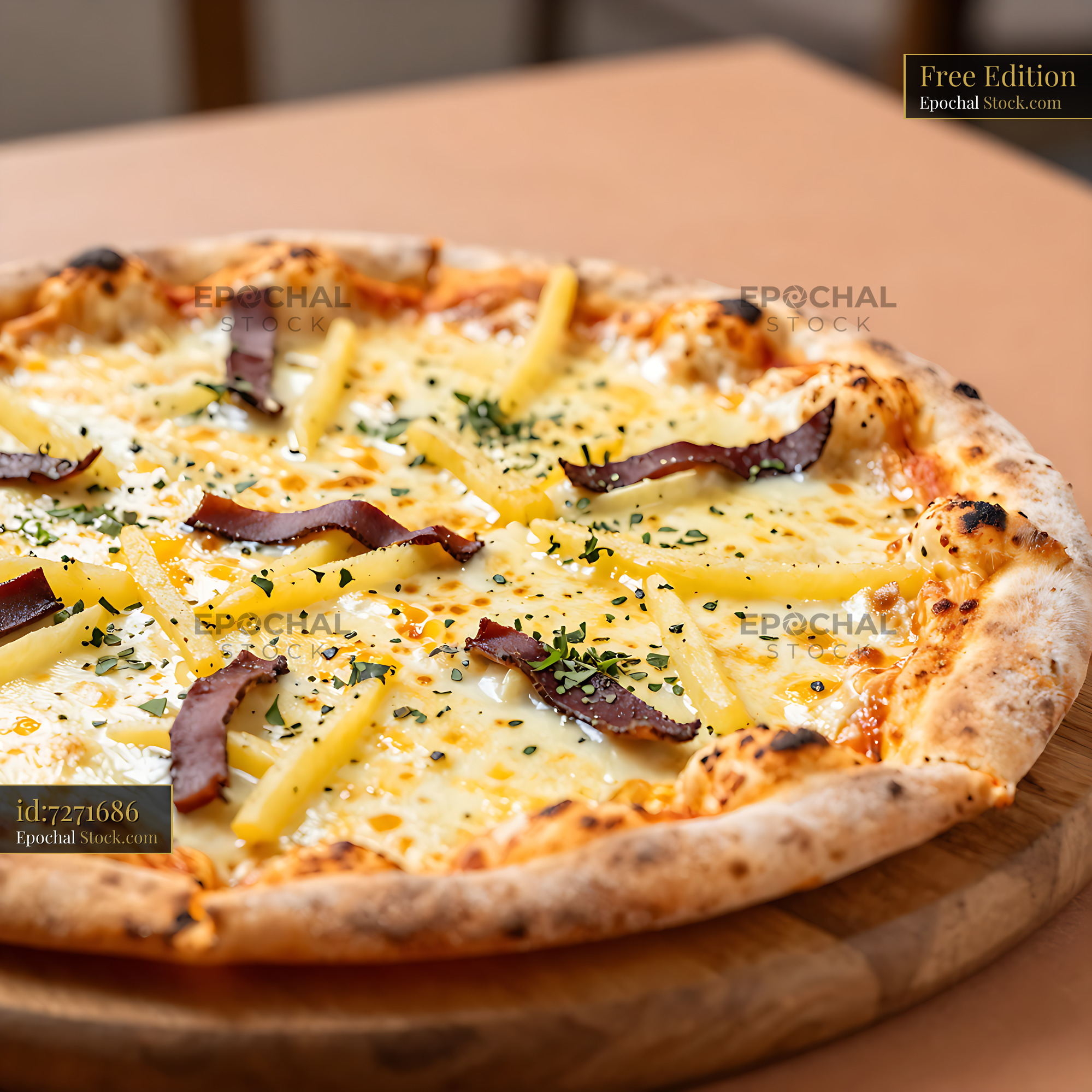 Artisanal pizza friulana with frico and cured meat on wooden board - stock photo