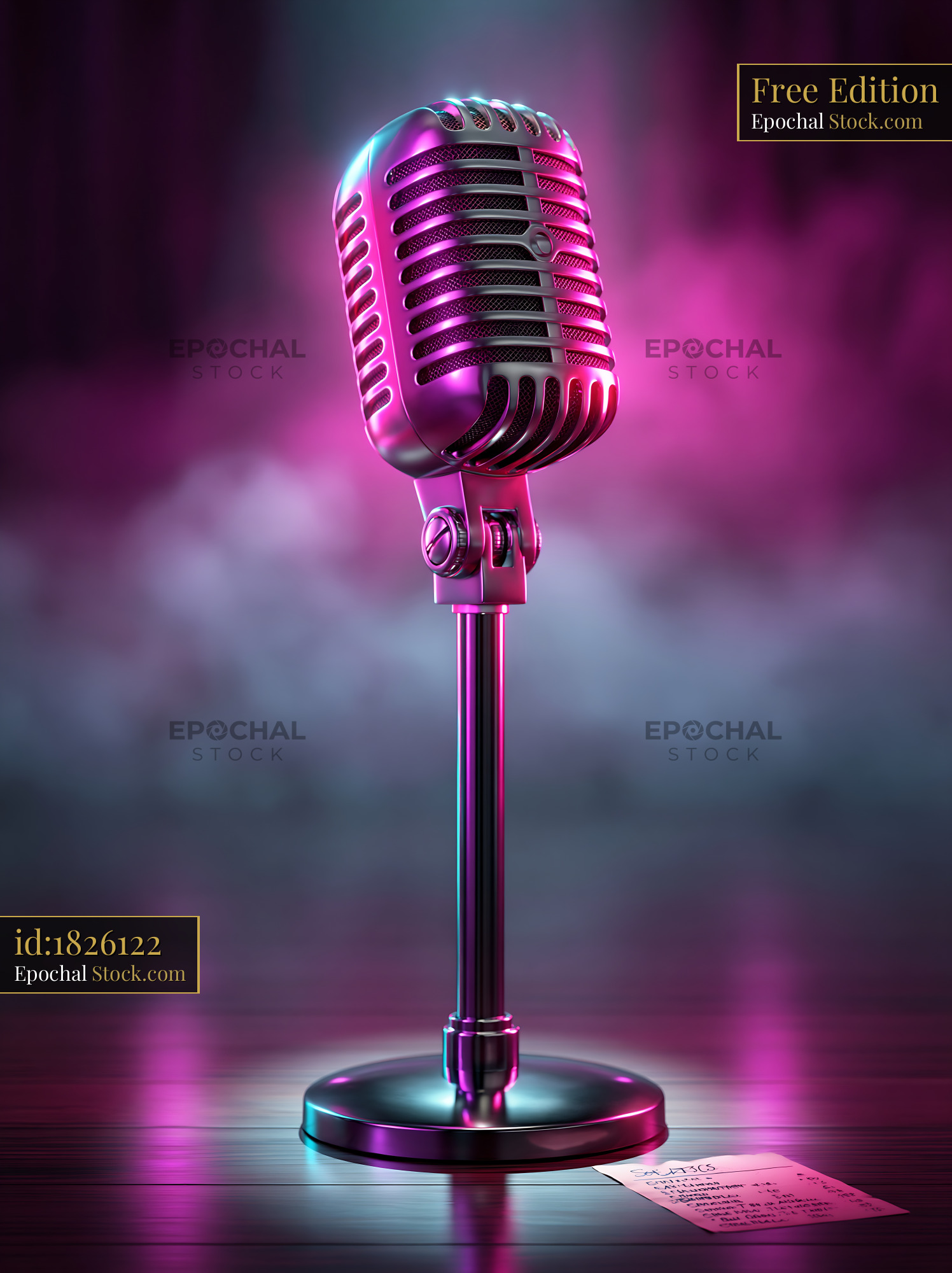 Vintage microphone on a theater stage with dramatic neon lighting
