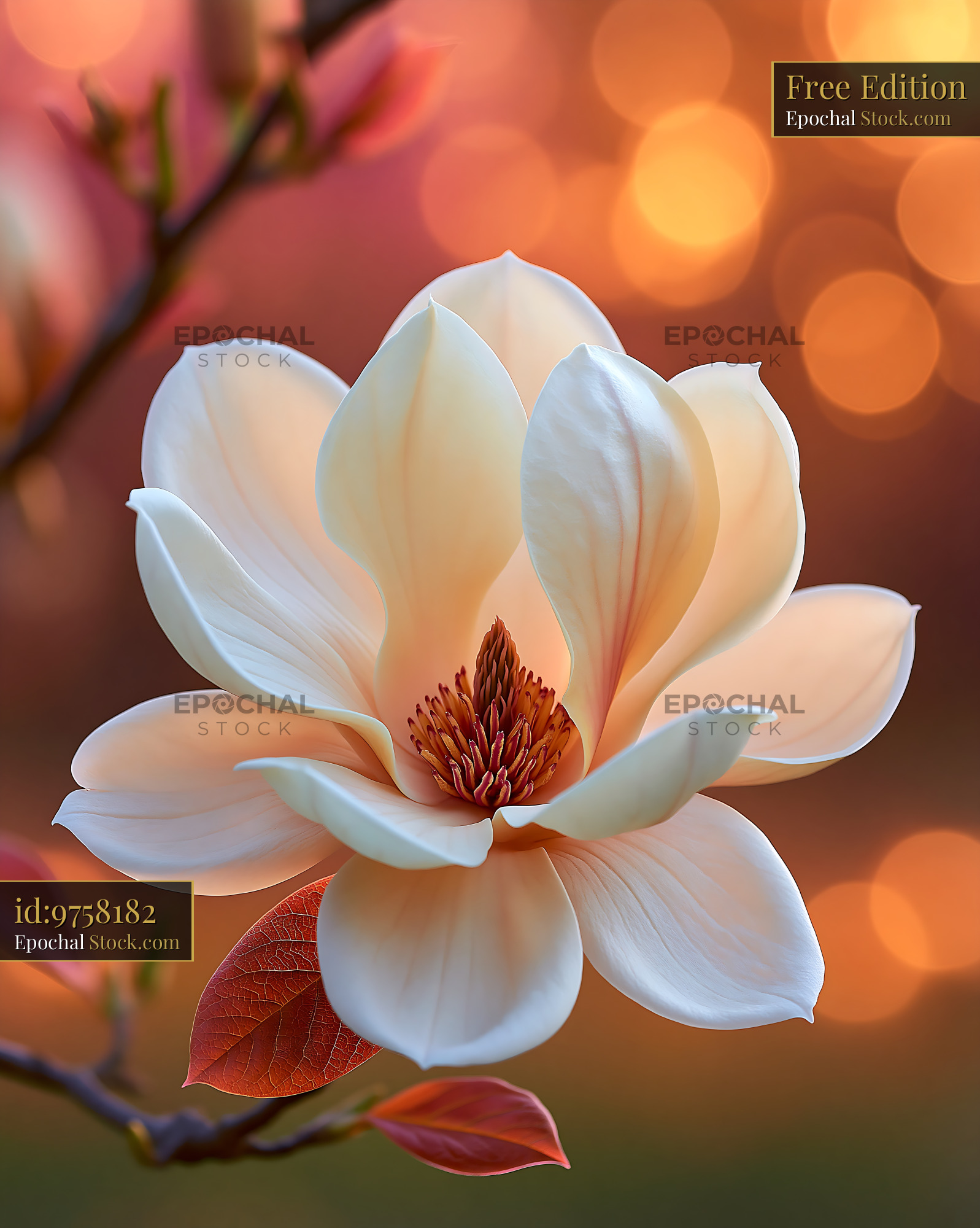 Cream magnolia flower blooming in warm golden hour light - stock photo