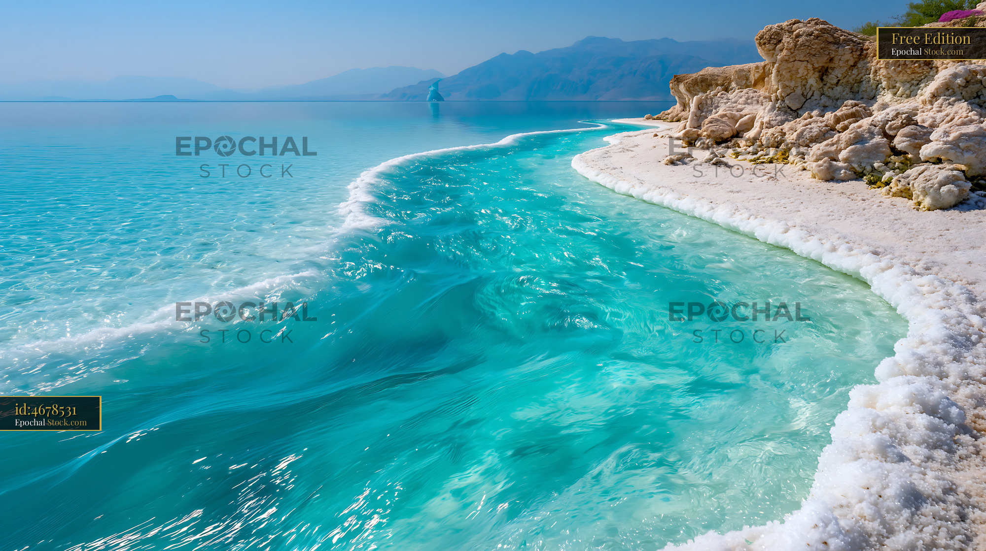 Turquoise water and white salt formations at the Dead Sea salt pan fla - stock photo