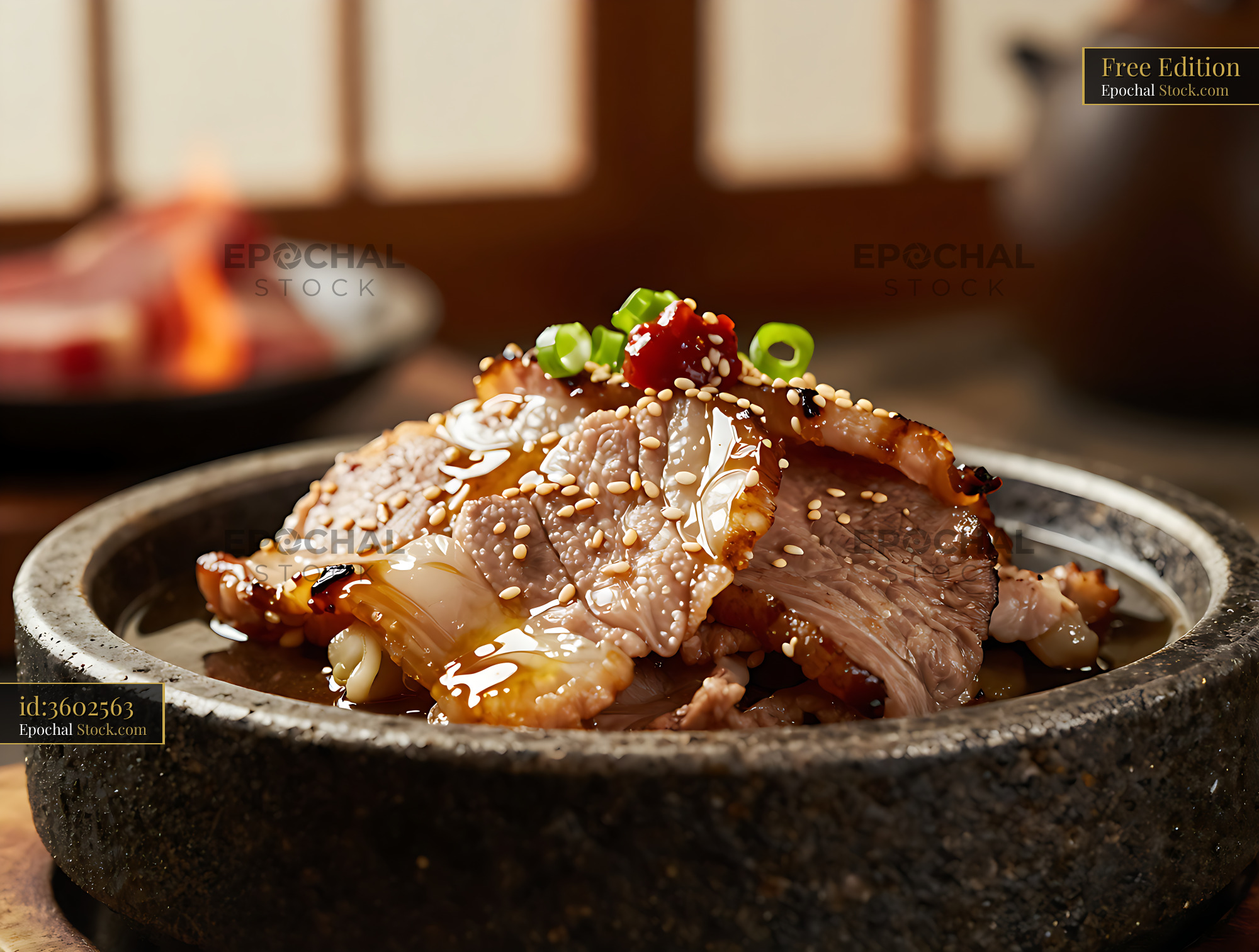 Nagano buta niku yakimiso grilled pork served in a stone bowl - stock photo