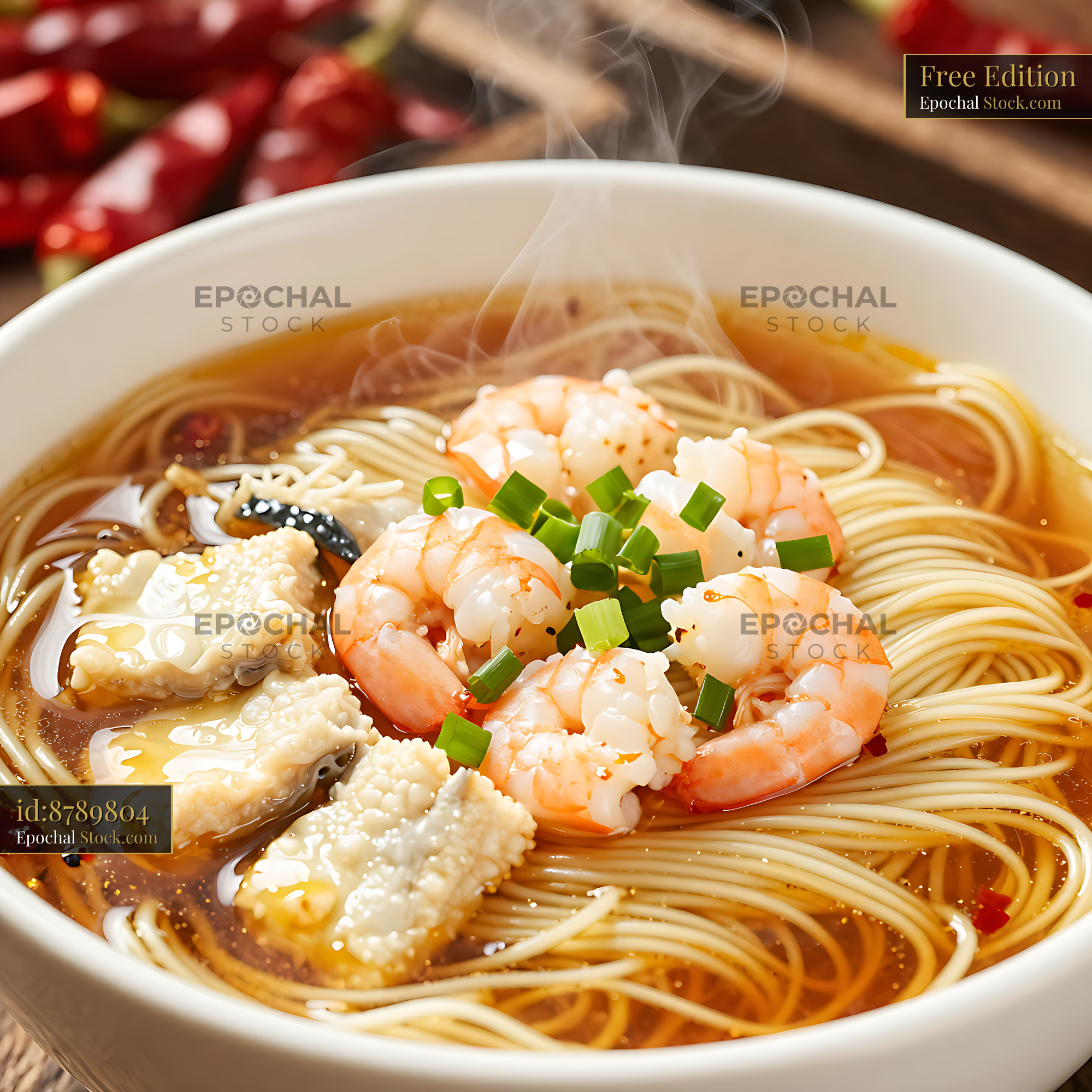 Steaming bowl of Xiamen Sha Cha Mian with fresh shrimp and noodles - stock photo
