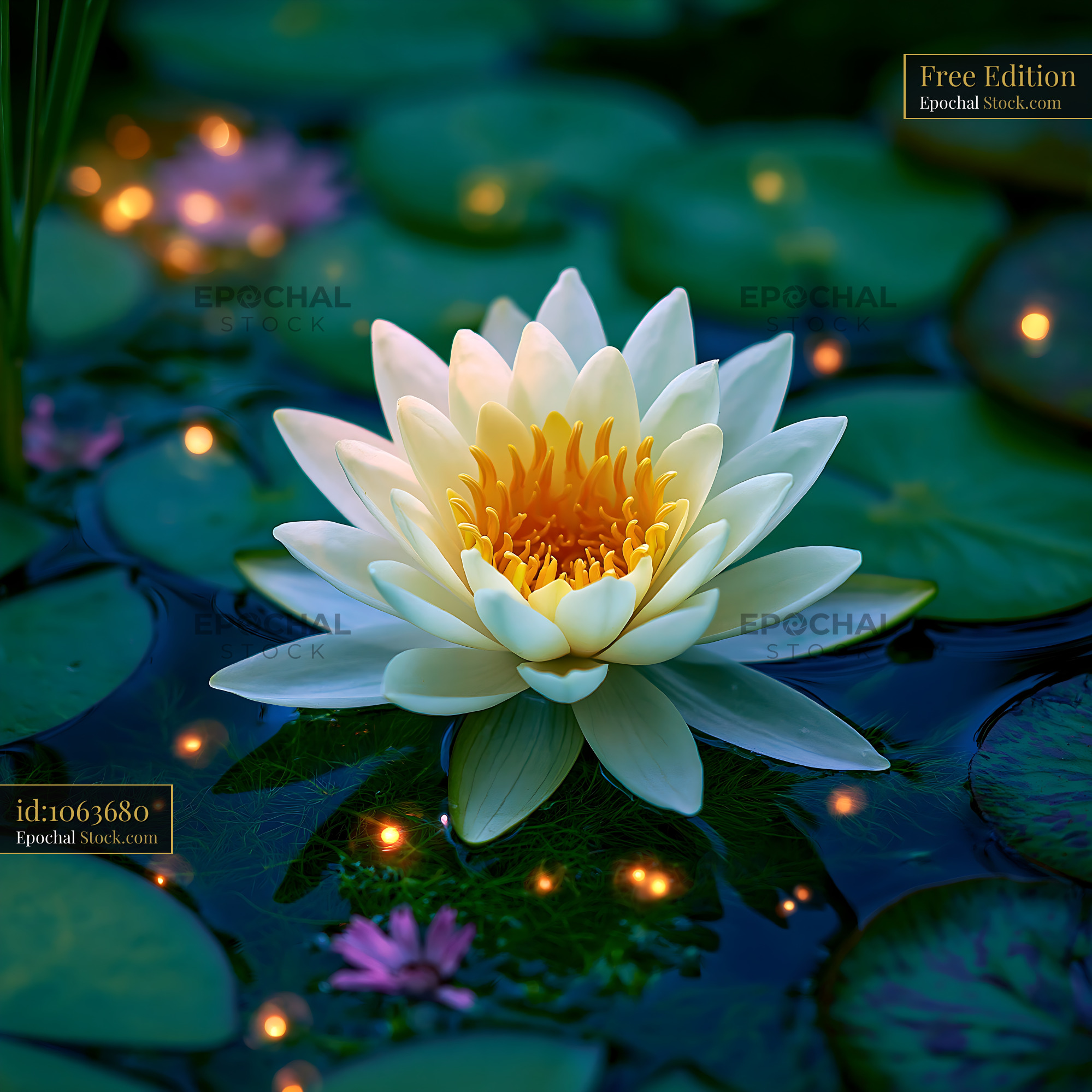 White water lily blooming in a magical pond with golden sparkles - stock photo
