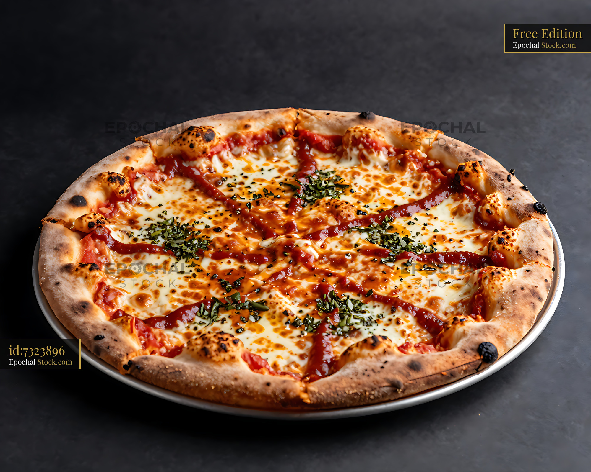 Freshly baked artisanal pizza with melted cheese and herb garnish - stock photo