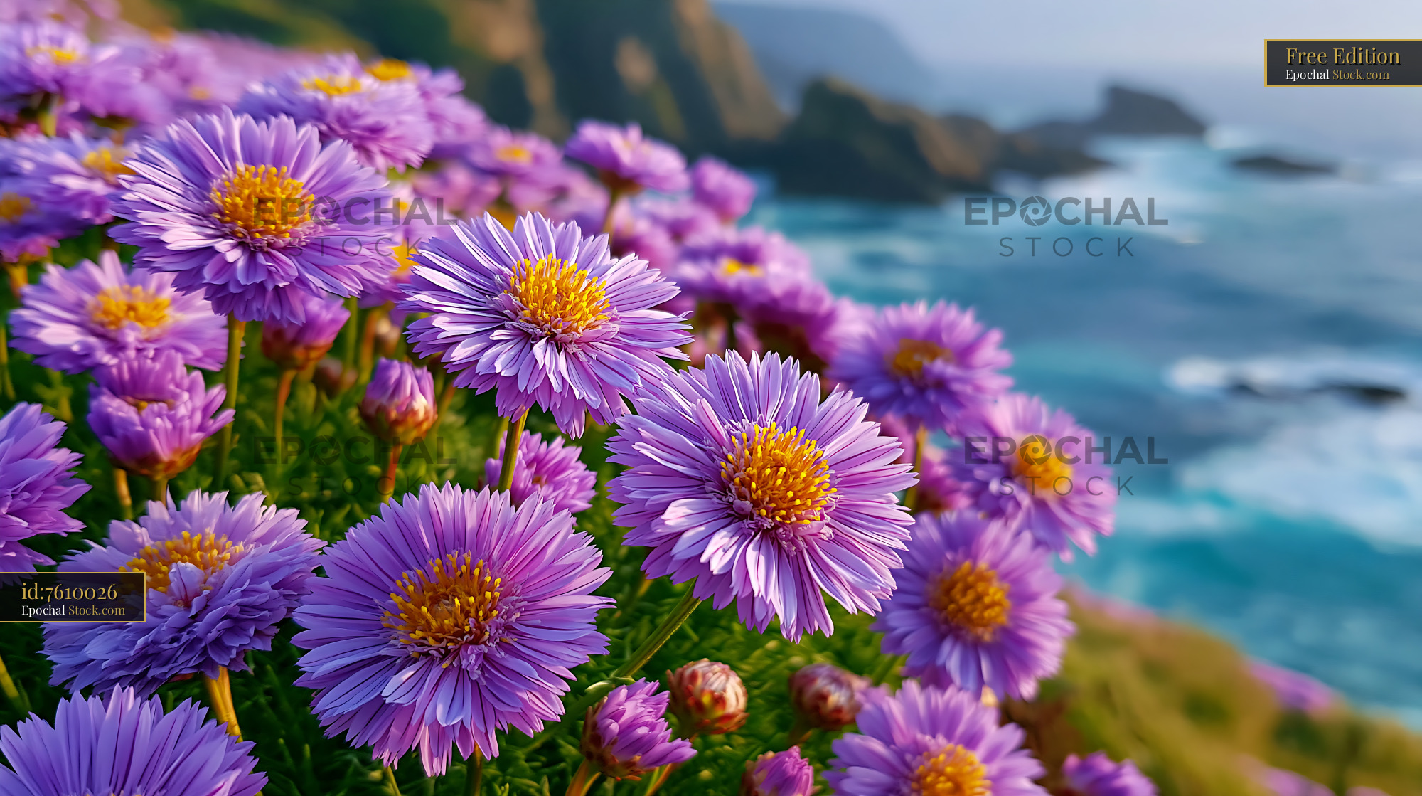 Purple cornwall primrose blooming on coastal cliffs overlooking the oc - stock photo