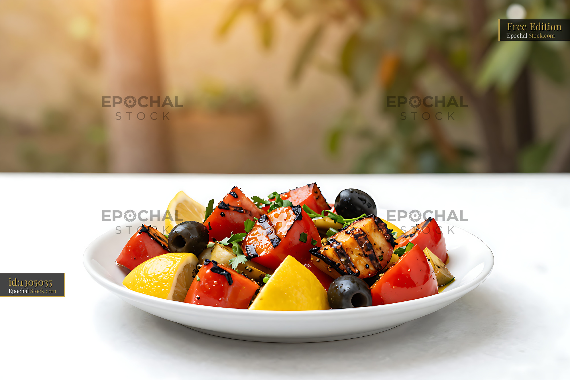 Tunisian Slata Mechouia with grilled vegetables and olives - stock photo
