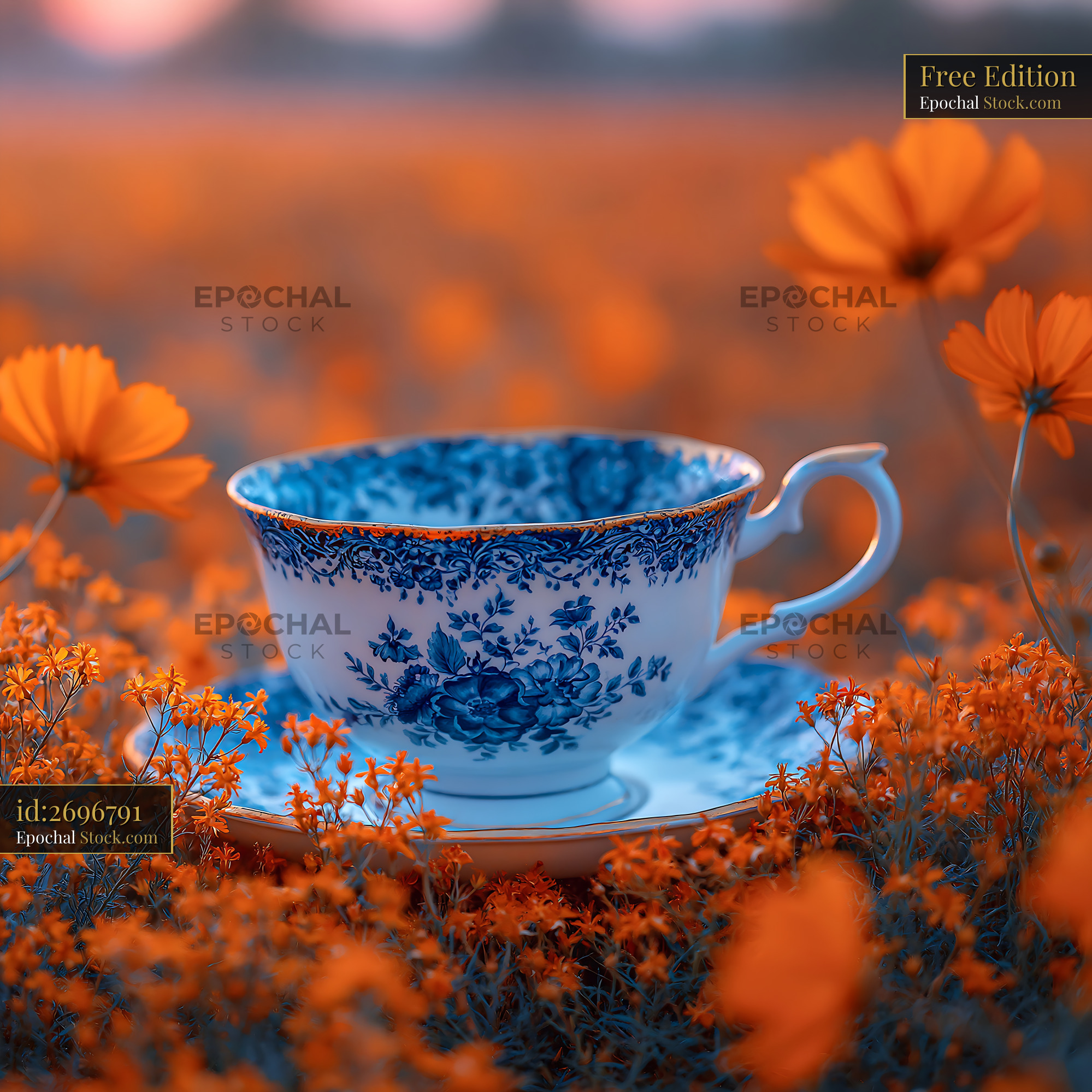 Vintage blue floral teacup in a meadow of orange flowers at sunset