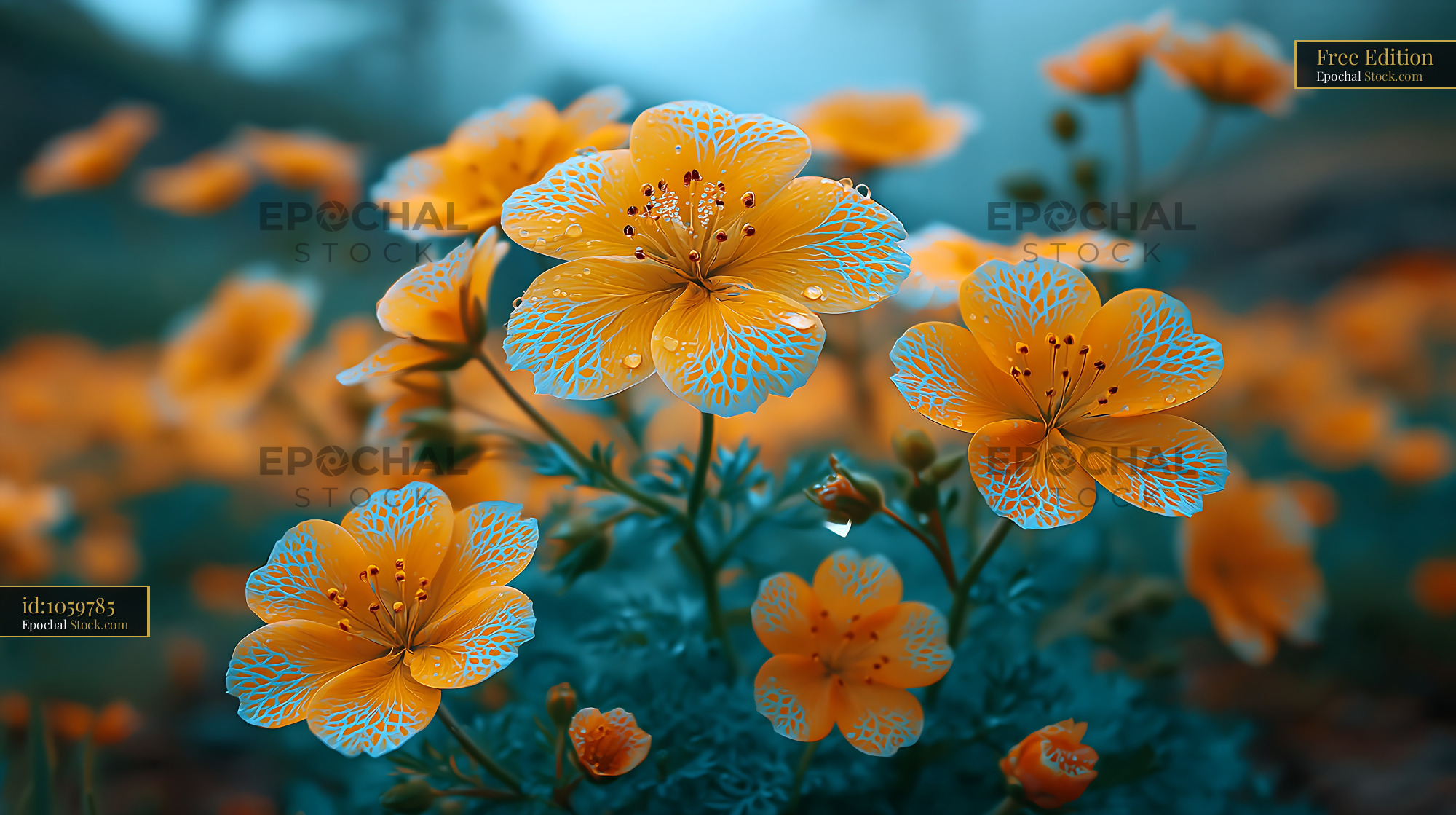 Orange flowers with blue veins in a clover field at morning frost - stock photo
