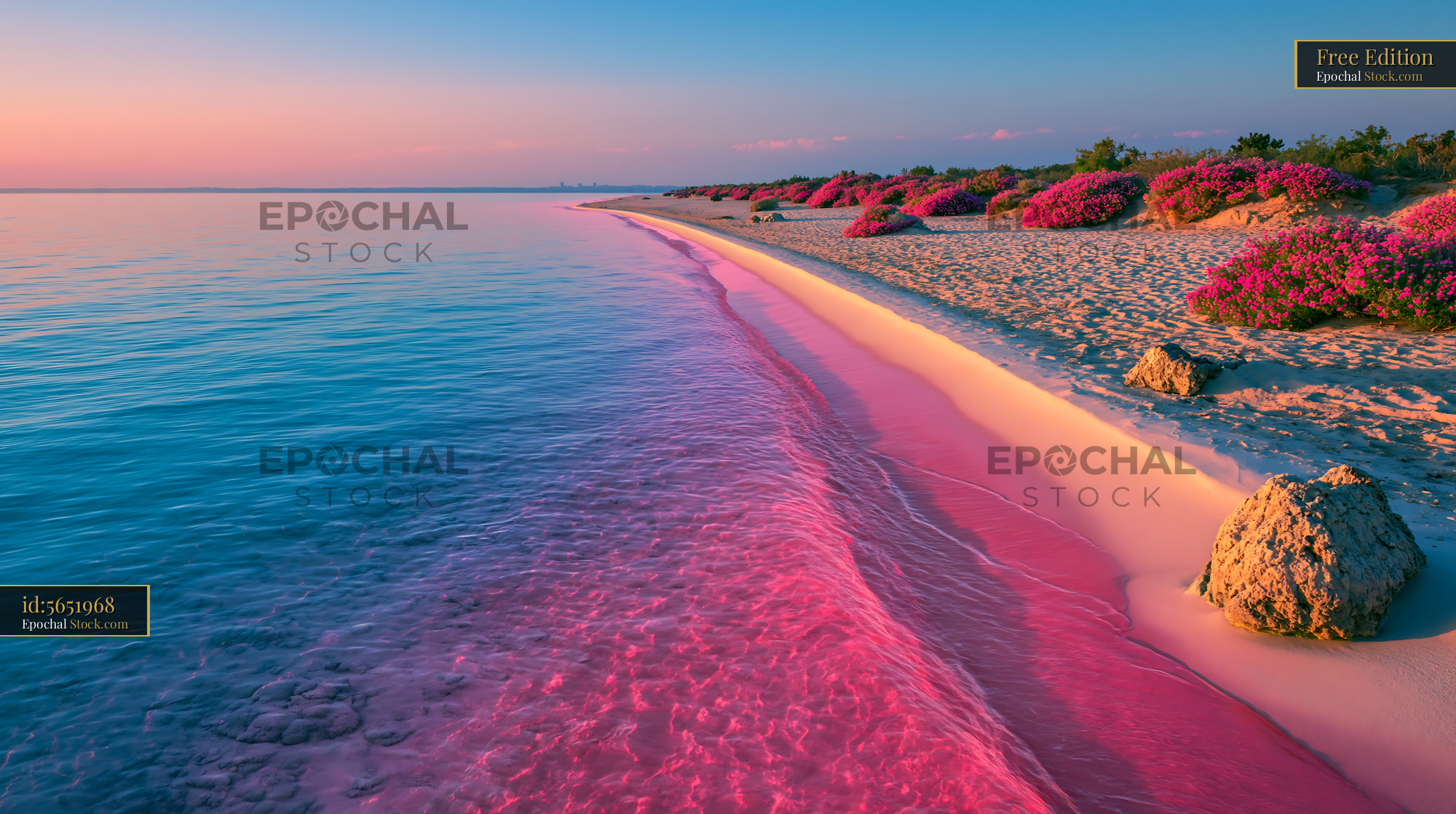 Coastal landscape with pink lagoon sand and blooming flowers at sunset - stock photo