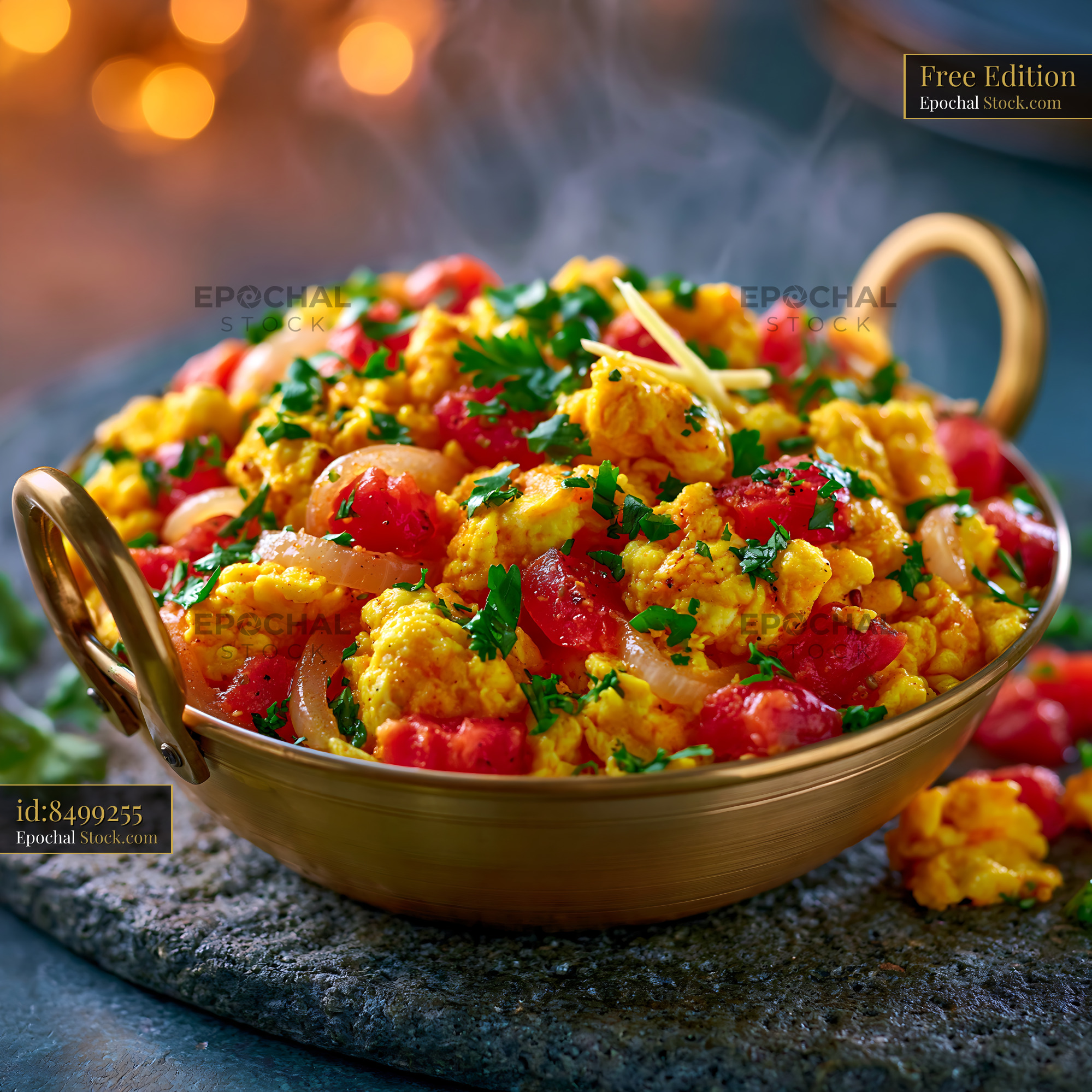 Steaming egg bhurji with tomatoes and herbs in a brass bowl - stock photo