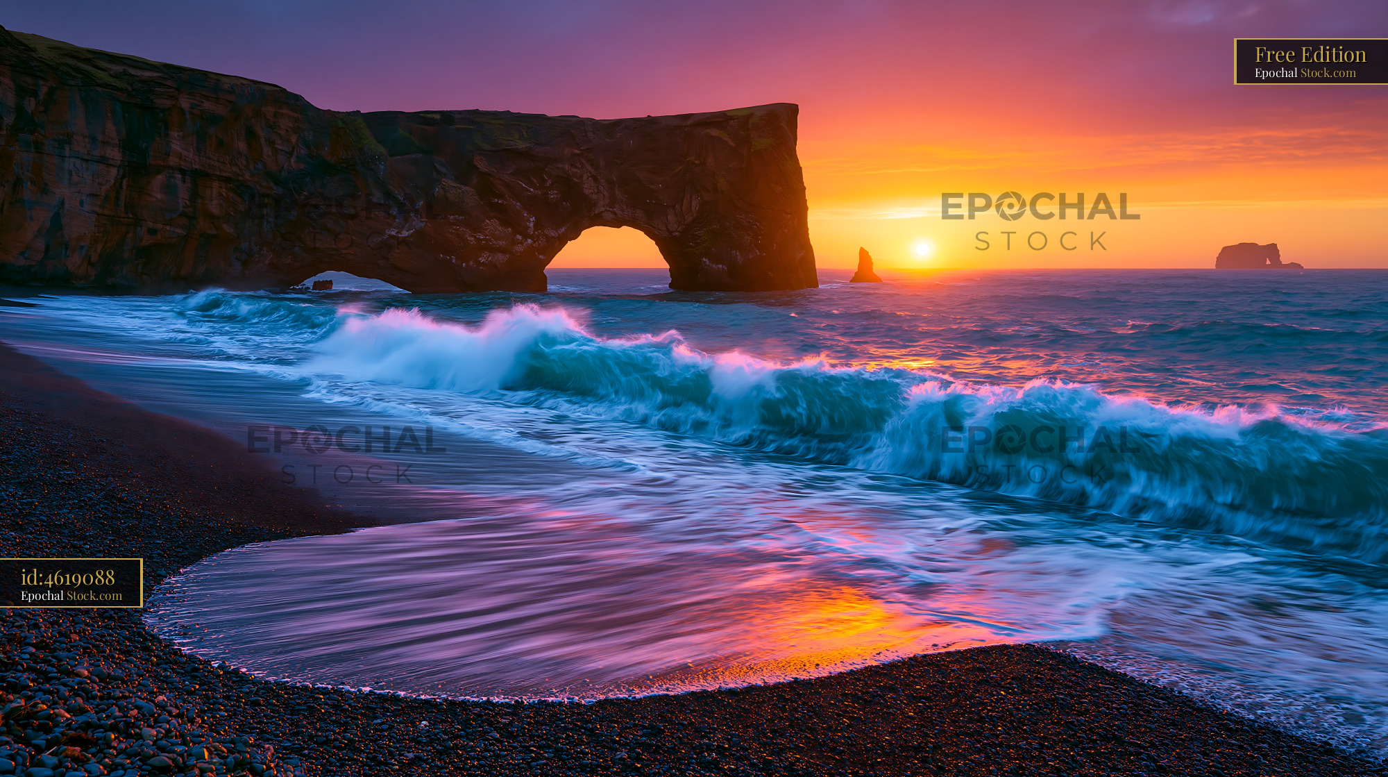 Dramatic sunset over Dyrholaey sea arch and black sand beach - stock photo