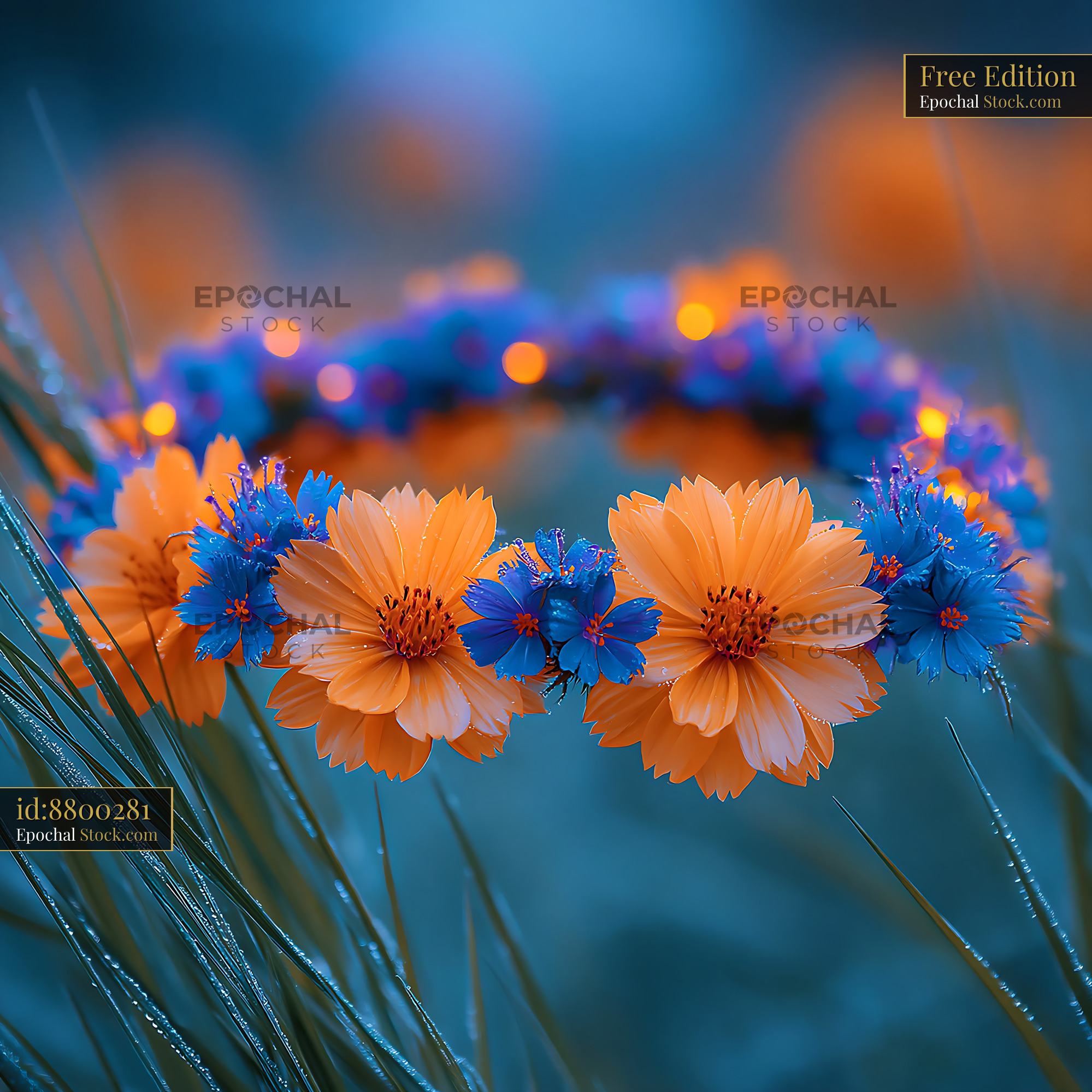 Vibrant meadow flower crown with orange and blue blossoms on grass - stock photo