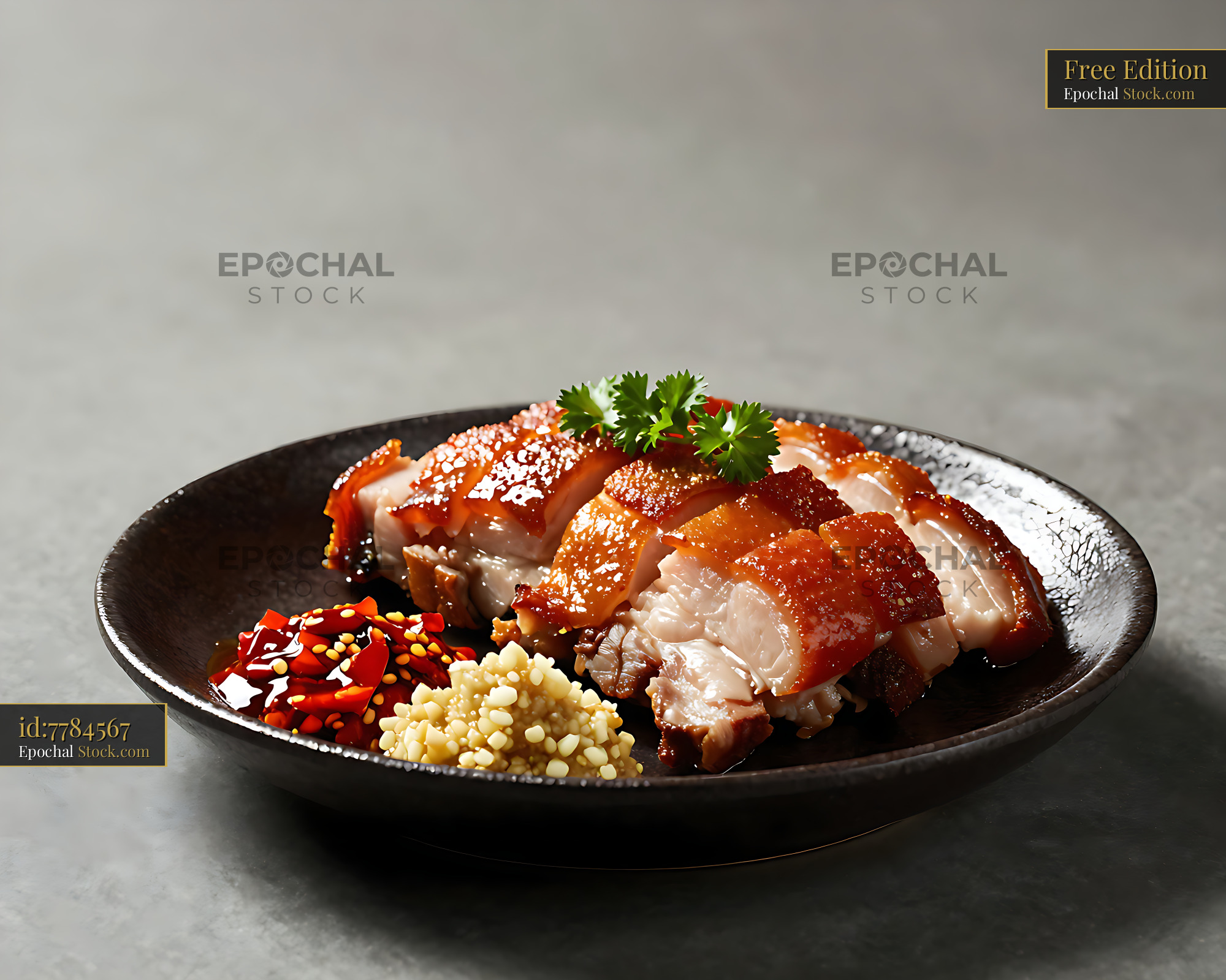 Traditional Hakka salt-baked pork with crispy skin and chili dip - stock photo